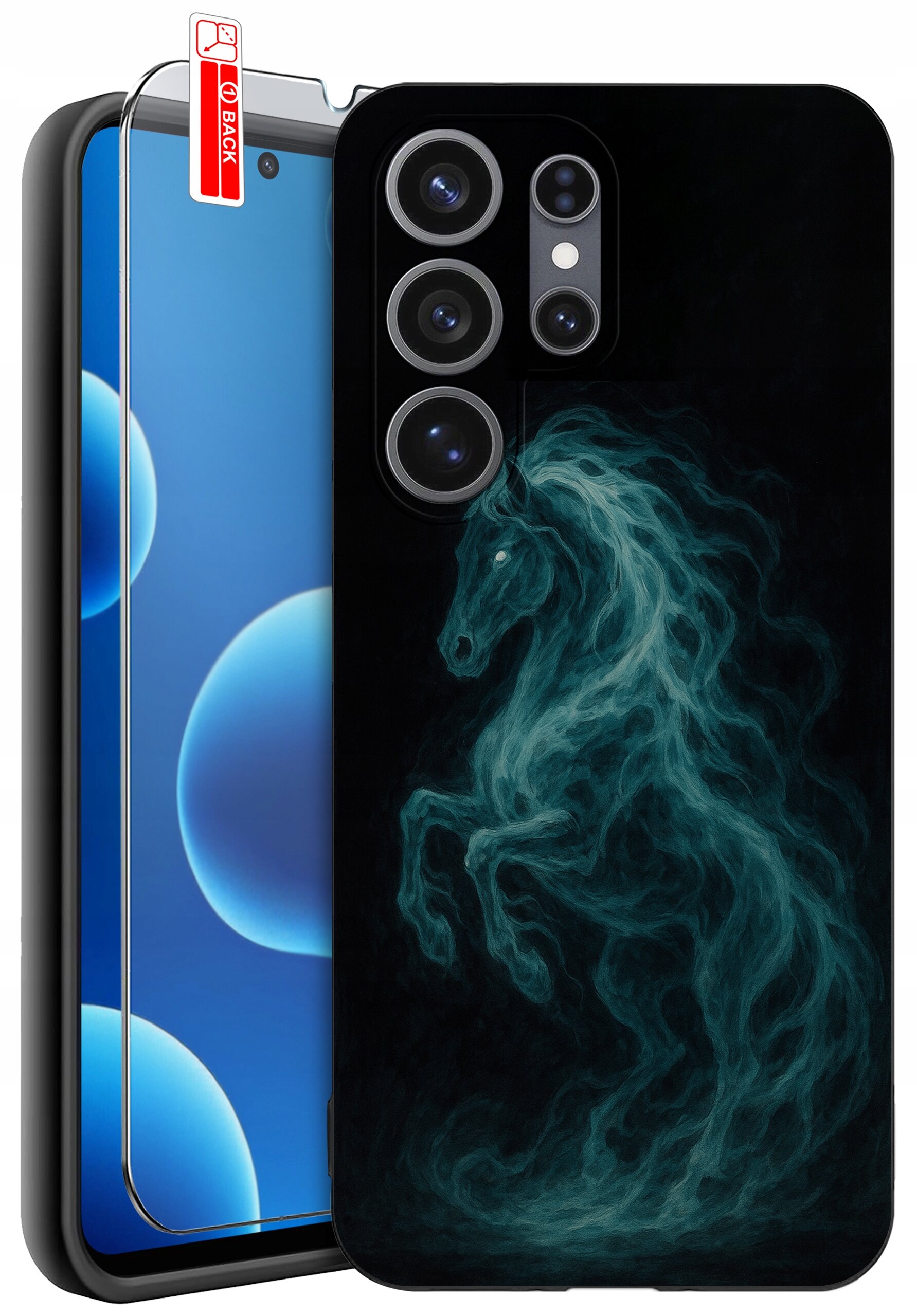 Etui na telefon z grafiką przedstawiającą konia w stylu dymu na czarnym tle. Obok widoczna jest osłona ekranu z napisem \'BACK\'.