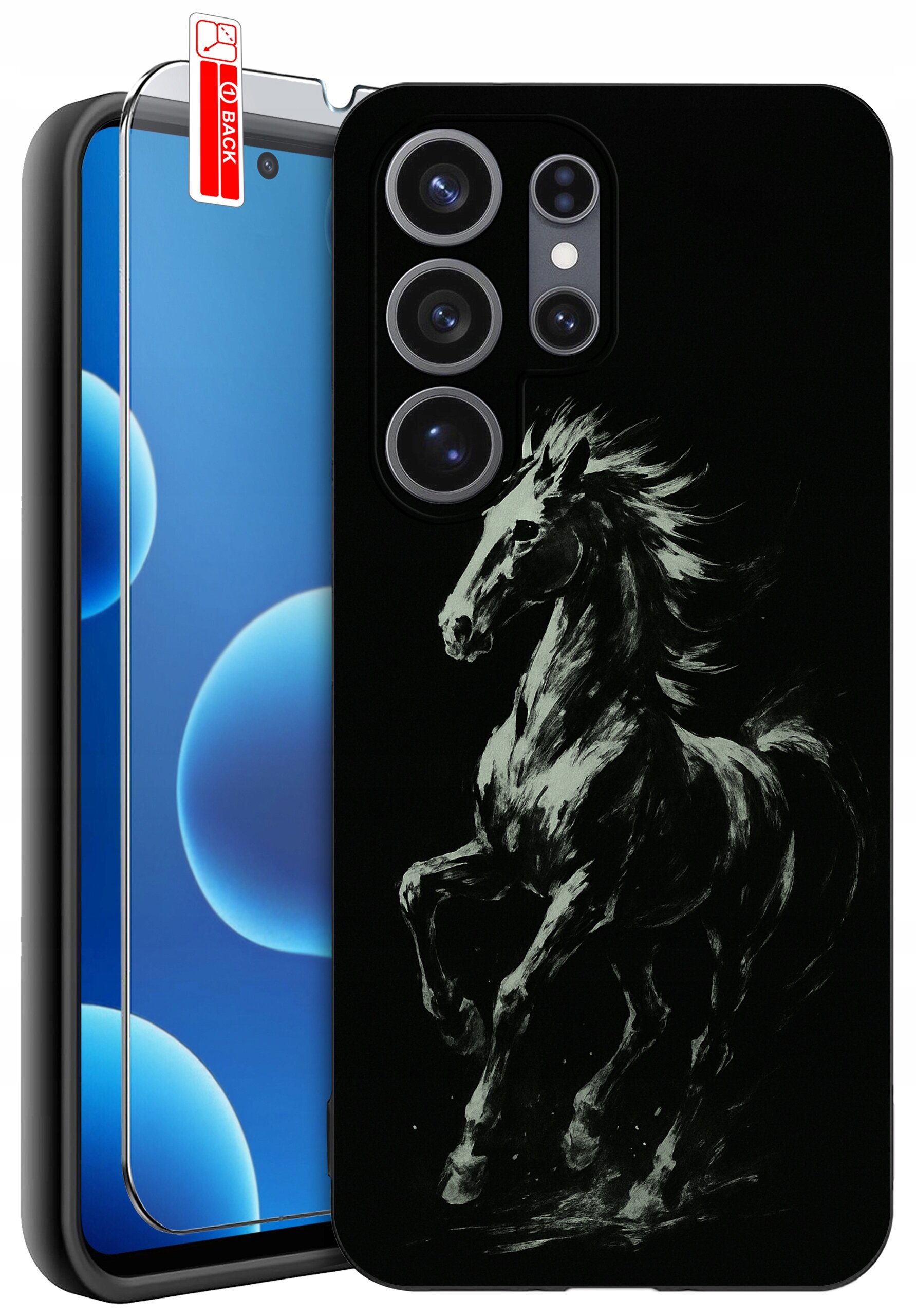 Etui na telefon z czarnym tłem i grafiką konia oraz szkło ochronne z napisem \'BACK\'.