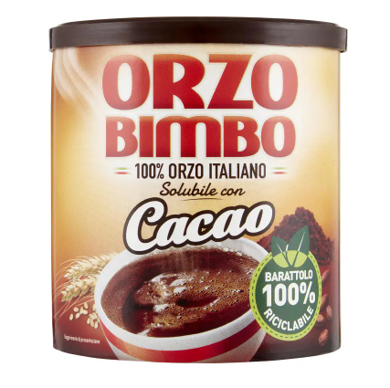 Opakowanie produktu Orzo Bimbo z napisem \'100% Orzo Italiano Solubile con Cacao\'. Na etykiecie widoczna jest filiżanka z napojem oraz informacja \'Barattolo 100% Riciclabile\'.