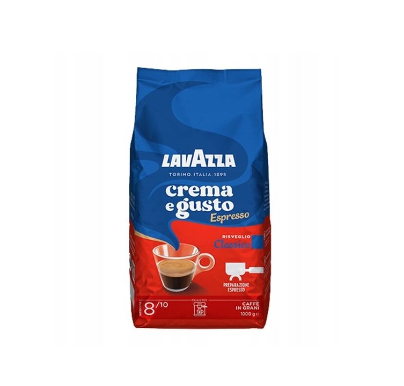 Opakowanie kawy Lavazza Crema e Gusto Espresso w kolorach niebieskim i czerwonym z filiżanką kawy na etykiecie. Widoczny tekst: \'Lavazza Crema e Gusto Espresso Risveglio Classico Preparazione Espresso 8/10 Caffè in Grani 1000 g\'.