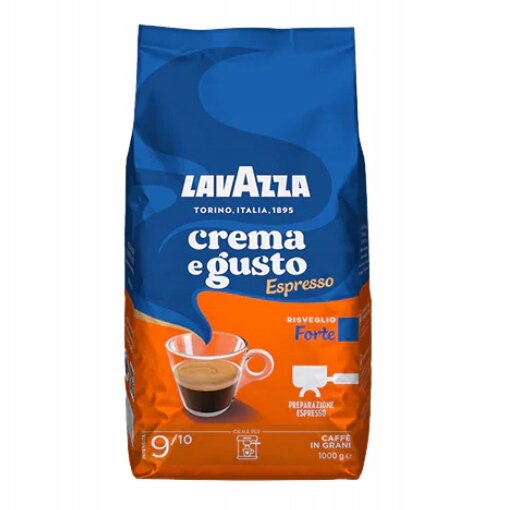 Opakowanie kawy Lavazza Crema e Gusto Espresso w kolorze niebiesko-pomarańczowym z filiżanką espresso na etykiecie. Widoczny tekst: \'Lavazza Torino, Italia, 1895\', \'crema e gusto Espresso\', \'Risveglio Forte\', \'Preparazione Espresso\', \'9/10\', \'Caffe in Grani 1000 g\'.