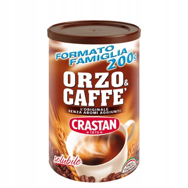 Opakowanie produktu z napisem \'FORMATO FAMIGLIA 200g ORZO & CAFFE\' L\'ORIGINALE SENZA AROMI AGGIUNTI CRASTAN 1870 solubile\'. Widoczna jest filiżanka z napojem oraz ziarna kawy i kłosy zboża.