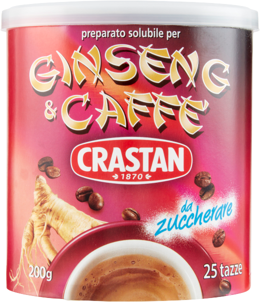 Opakowanie kawy rozpuszczalnej z żeń-szeniem marki Crastan o pojemności 200 g. Na etykiecie widnieje napis \'Ginseng & Caffè\', a także ilustracje korzenia żeń-szenia i ziaren kawy.