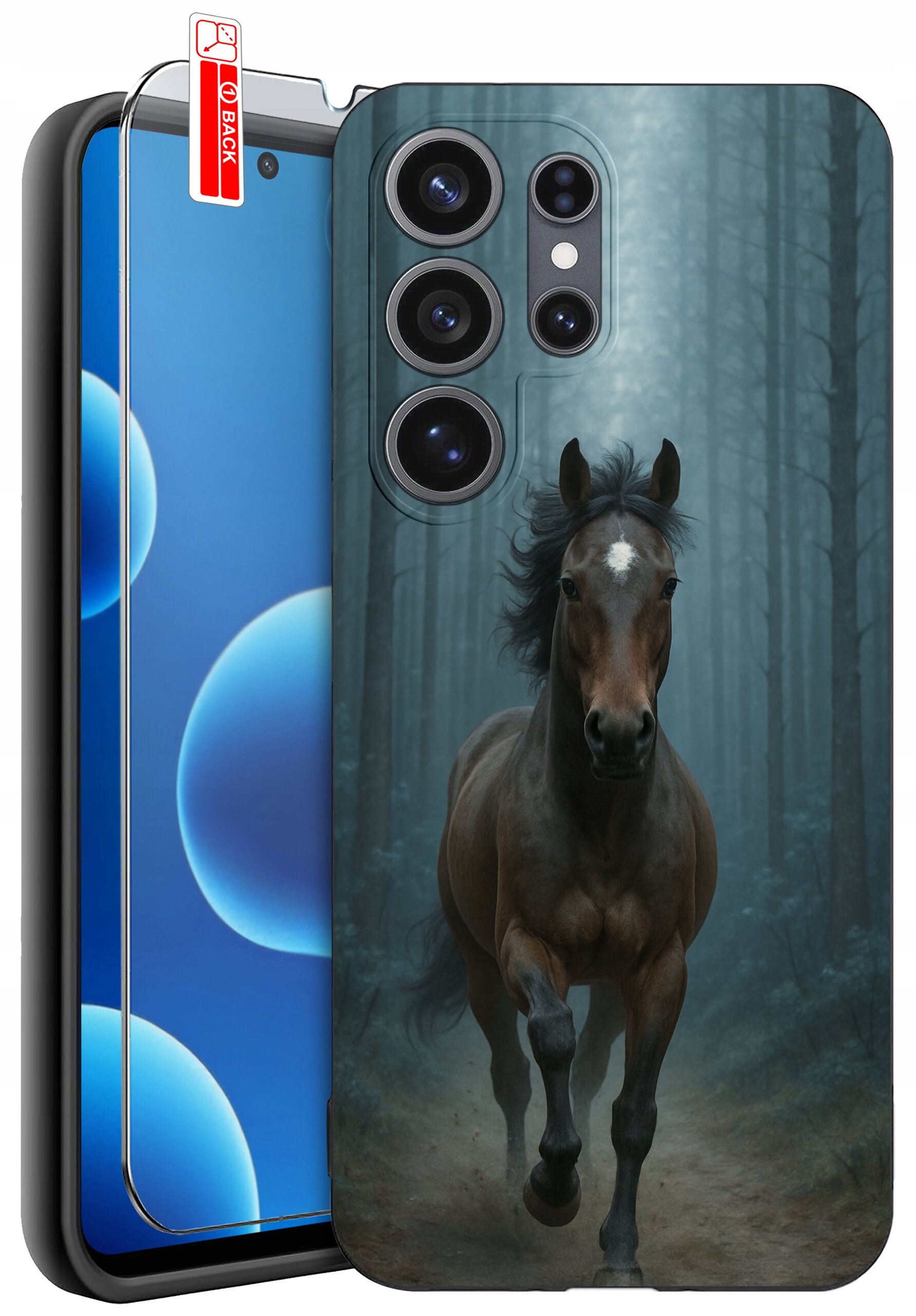 Etui na telefon z nadrukiem galopującego konia w lesie, obok widoczne szkło ochronne z napisem \'BACK\'.