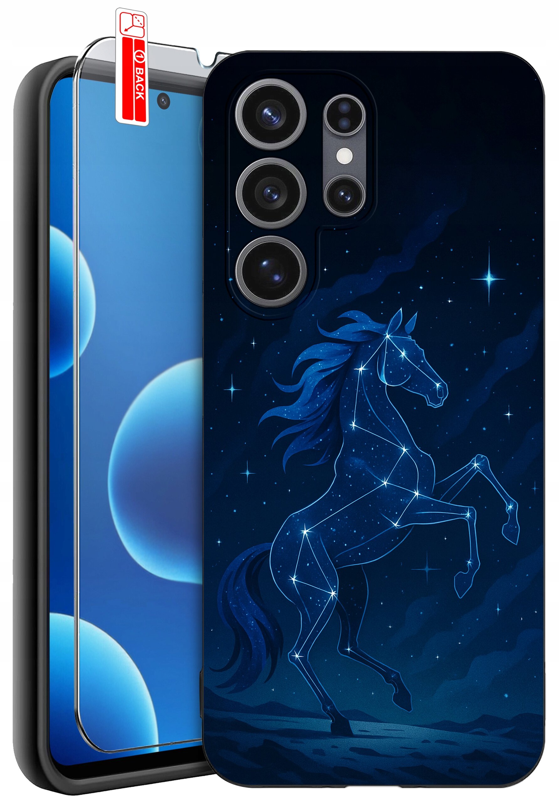 Etui na telefon z grafiką przedstawiającą konstelację w kształcie konia na tle nocnego nieba. Obok etui znajduje się szkło ochronne z napisem \'BACK\'.