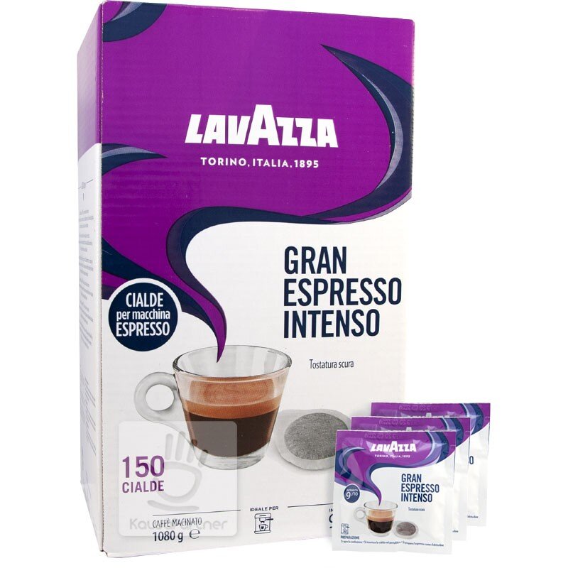 Opakowanie kawy Lavazza Gran Espresso Intenso z widocznym logo i napisem \'150 cialde\'. Na opakowaniu znajduje się również obrazek filiżanki z kawą oraz saszetki z kawą.