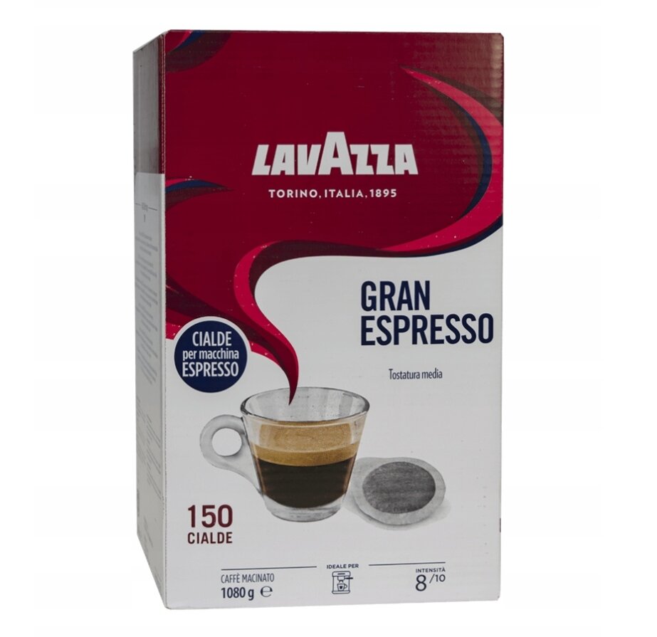 Opakowanie kawy Lavazza Gran Espresso z napisem \'150 cialde\'. Widoczna jest filiżanka z kawą oraz jedna saszetka kawy.