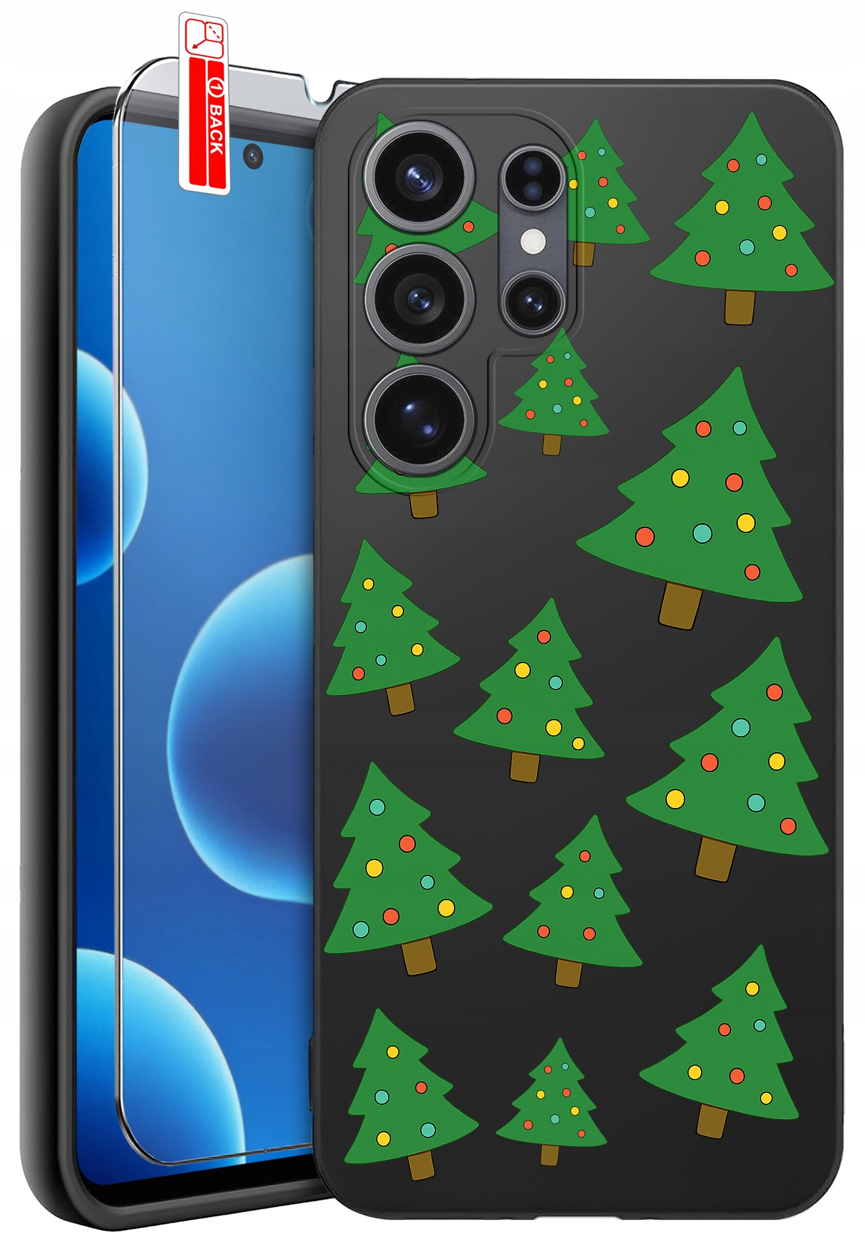 Etui na telefon z wzorem choinek na czarnym tle, obok widoczna jest szybka ochronna z napisem \'BACK\'.