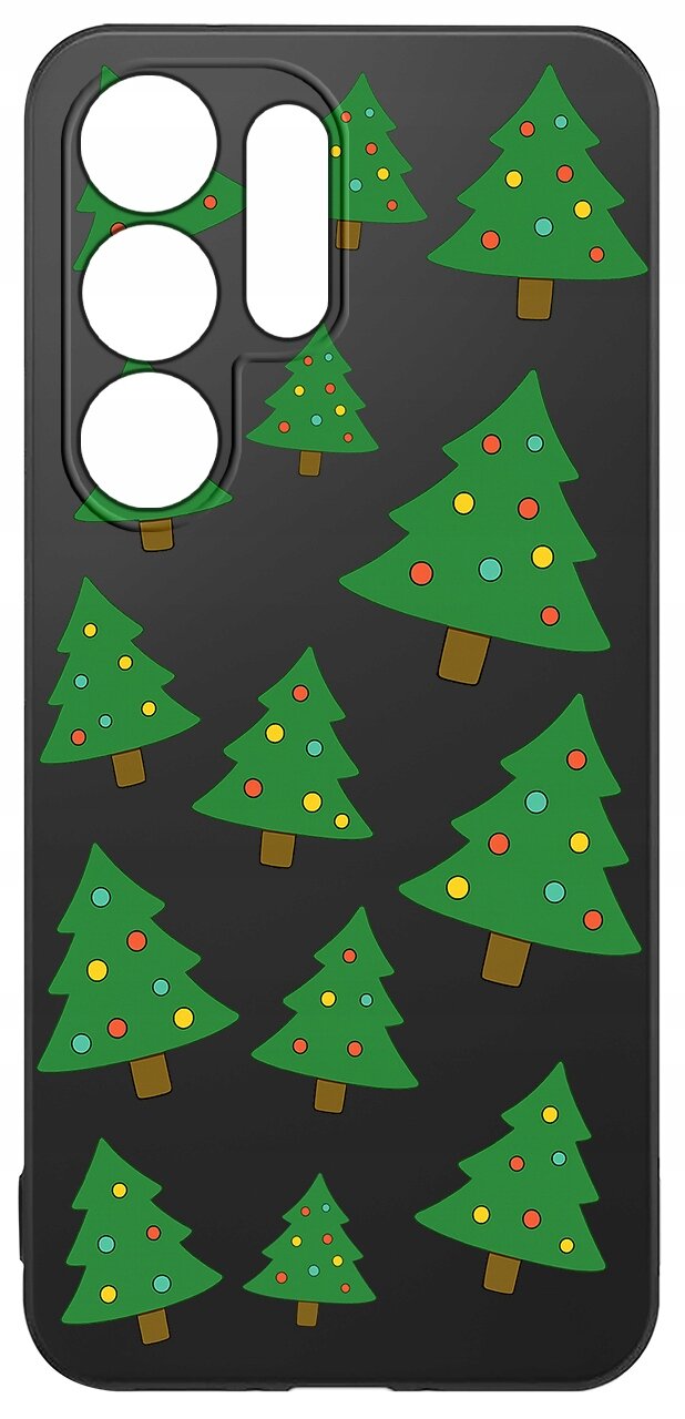 Czarne etui na telefon z wzorem zielonych choinek ozdobionych kolorowymi bombkami. Etui posiada wycięcia na aparat i przyciski.
