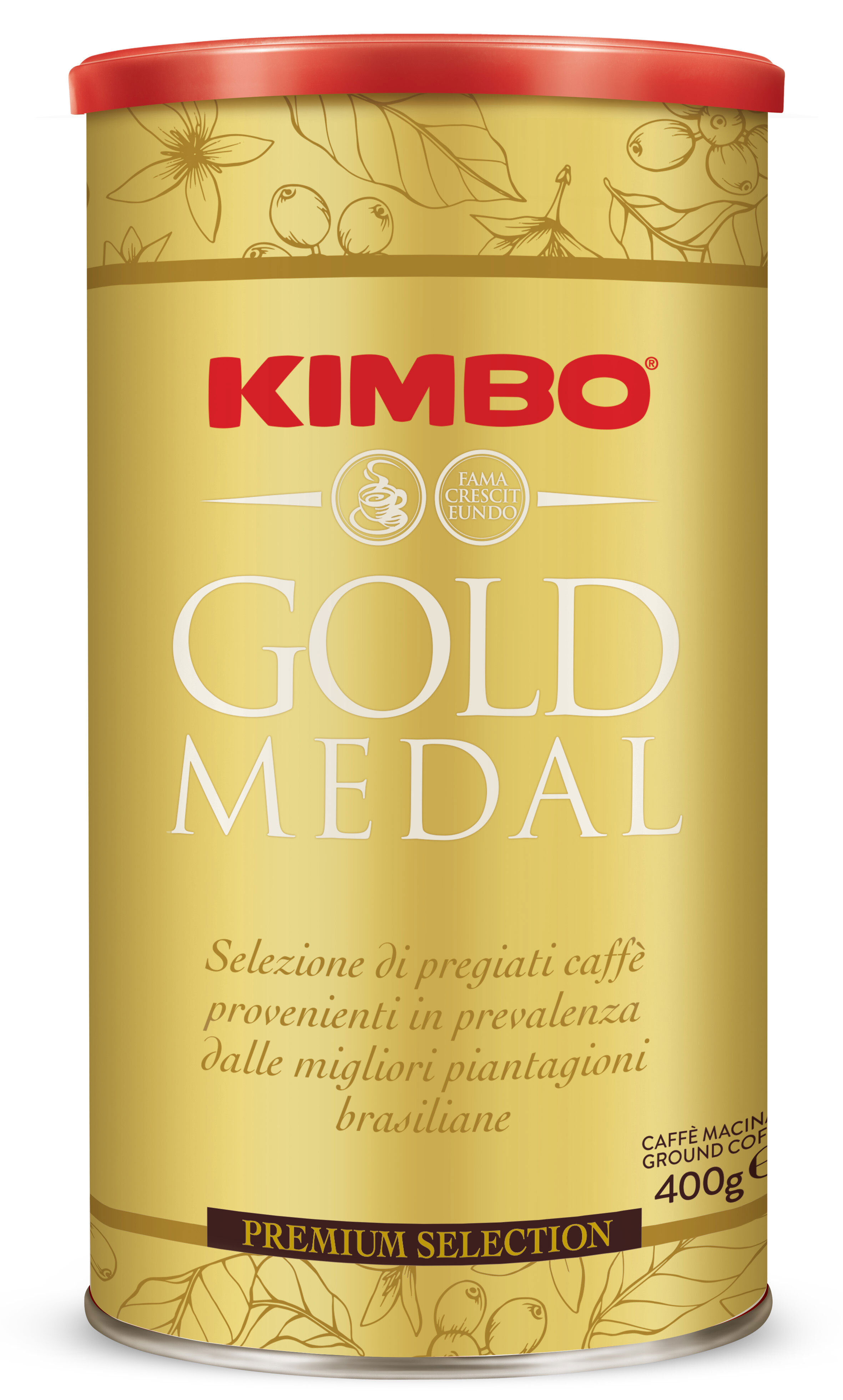 Opakowanie kawy mielonej w złotym kolorze z czerwonym wieczkiem, z napisem \'KIMBO GOLD MEDAL\' oraz informacją \'Selezione di pregiati caffè provenienti in prevalenza dalle migliori piantagioni brasiliane\'.