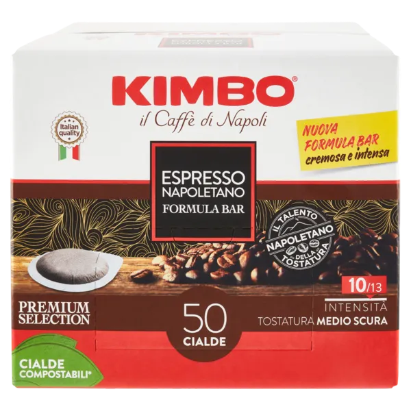 Opakowanie kawy Kimbo Espresso Napoletano Formula Bar z napisem \'50 cialde\' i grafiką ziaren kawy. Widoczne są również oznaczenia \'Premium Selection\', \'Cialde Compostabili\' oraz \'Intensità Tostatura Medio Scura\'.