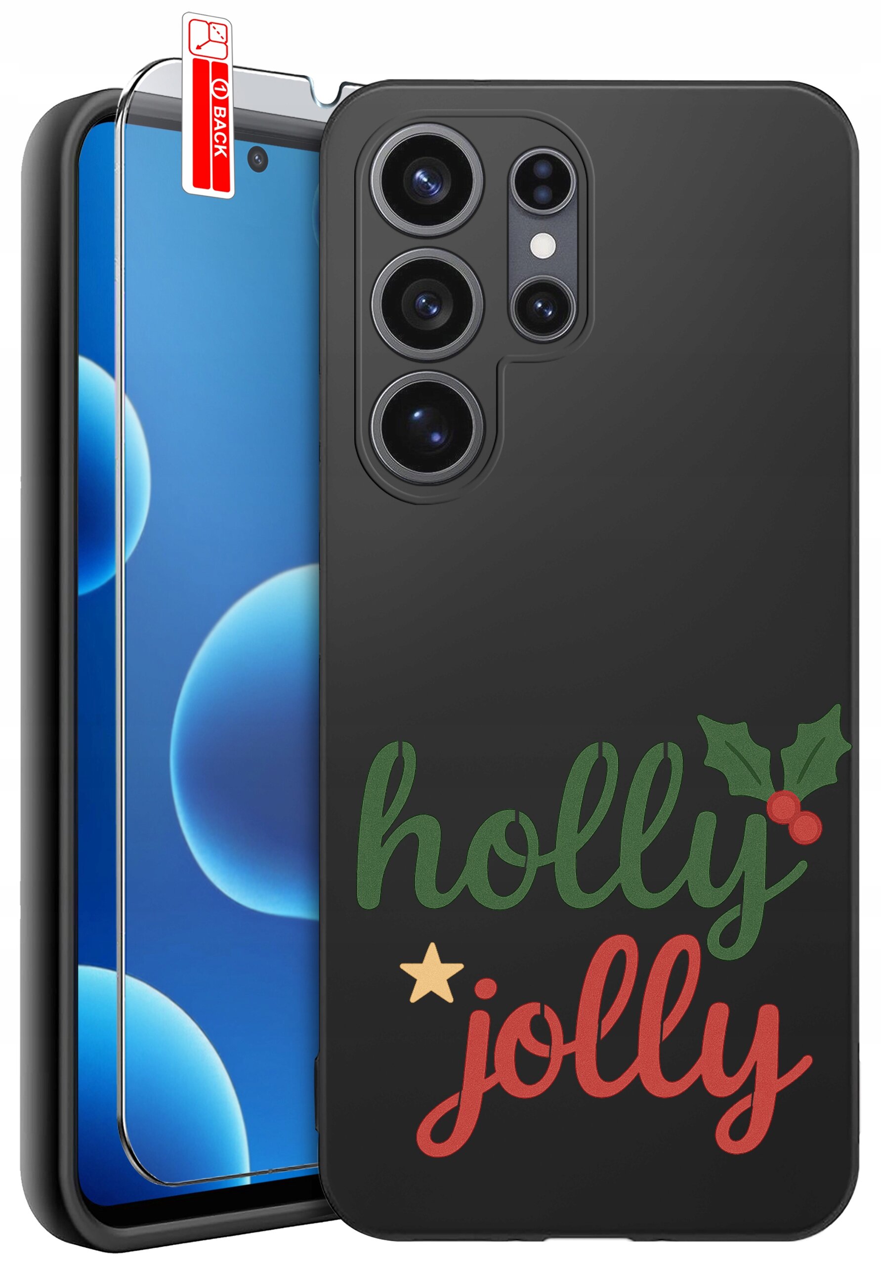 Czarne etui na telefon z napisem \'holly jolly\' oraz grafiką liści ostrokrzewu i czerwonych jagód. Obok znajduje się szkło ochronne z oznaczeniem \'BACK\'.
