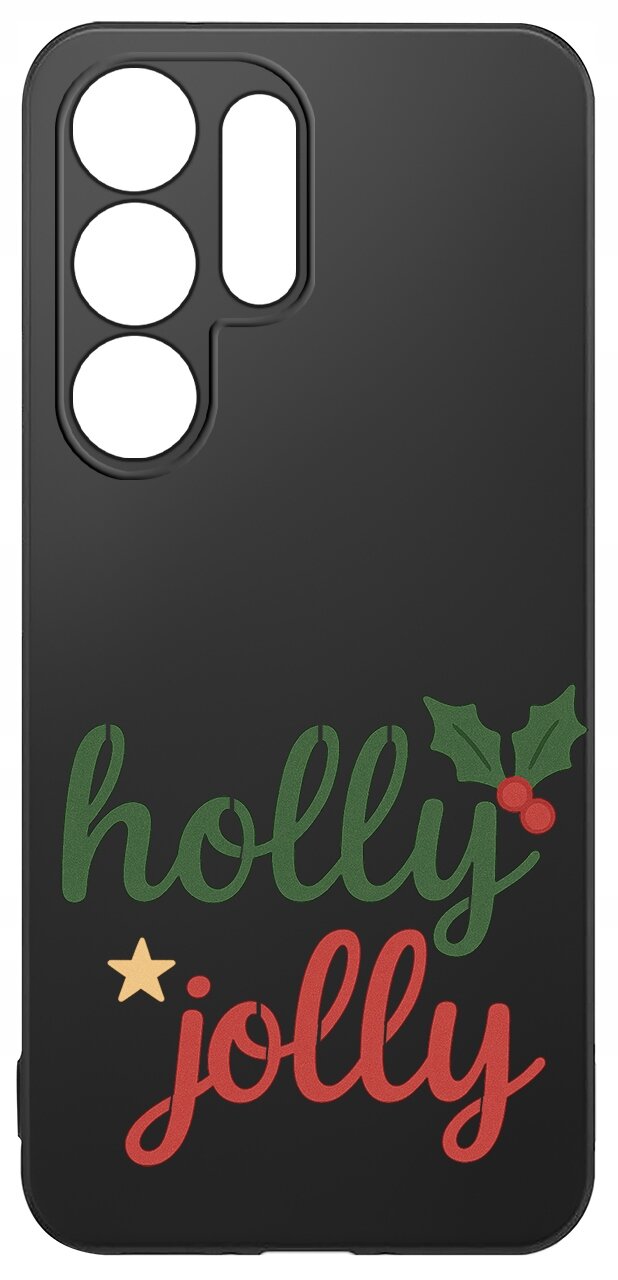 Czarne etui z wycięciami na aparat, ozdobione napisem \'holly jolly\' w kolorach zielonym i czerwonym oraz grafiką liści ostrokrzewu z czerwonymi jagodami.