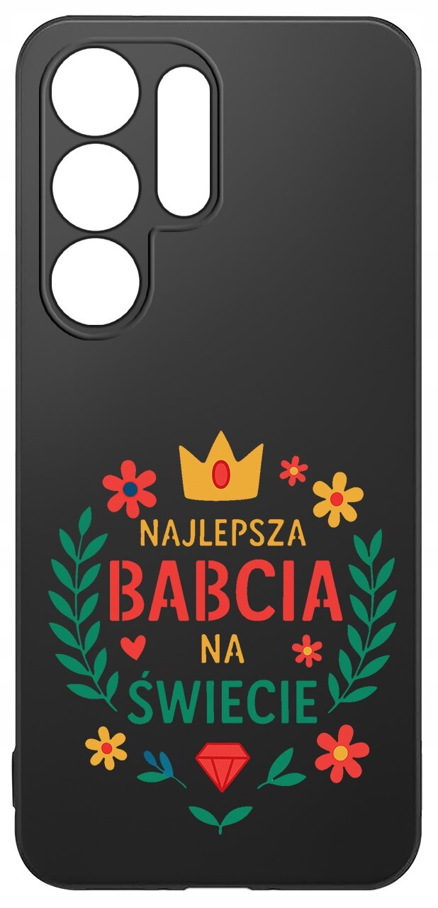 Czarne etui z trzema wycięciami na aparat, ozdobione kolorowymi kwiatami, liśćmi i koroną. Na środku widnieje napis: \'NAJLEPSZA BABCIA NA ŚWIECIE\'.