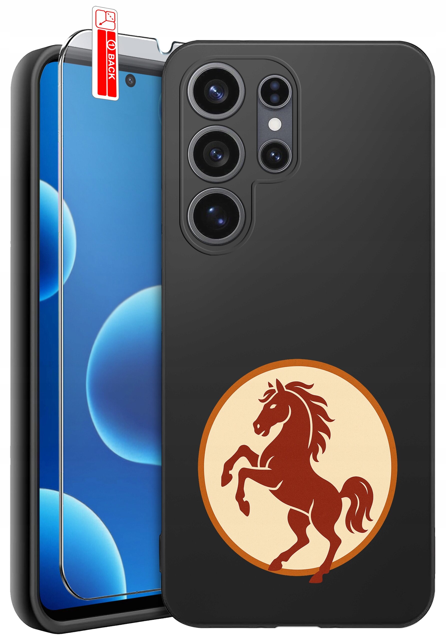 Czarne etui na telefon z nadrukiem brązowego konia w okręgu. Obok znajduje się szkło ochronne z czerwoną naklejką \'BACK\'.