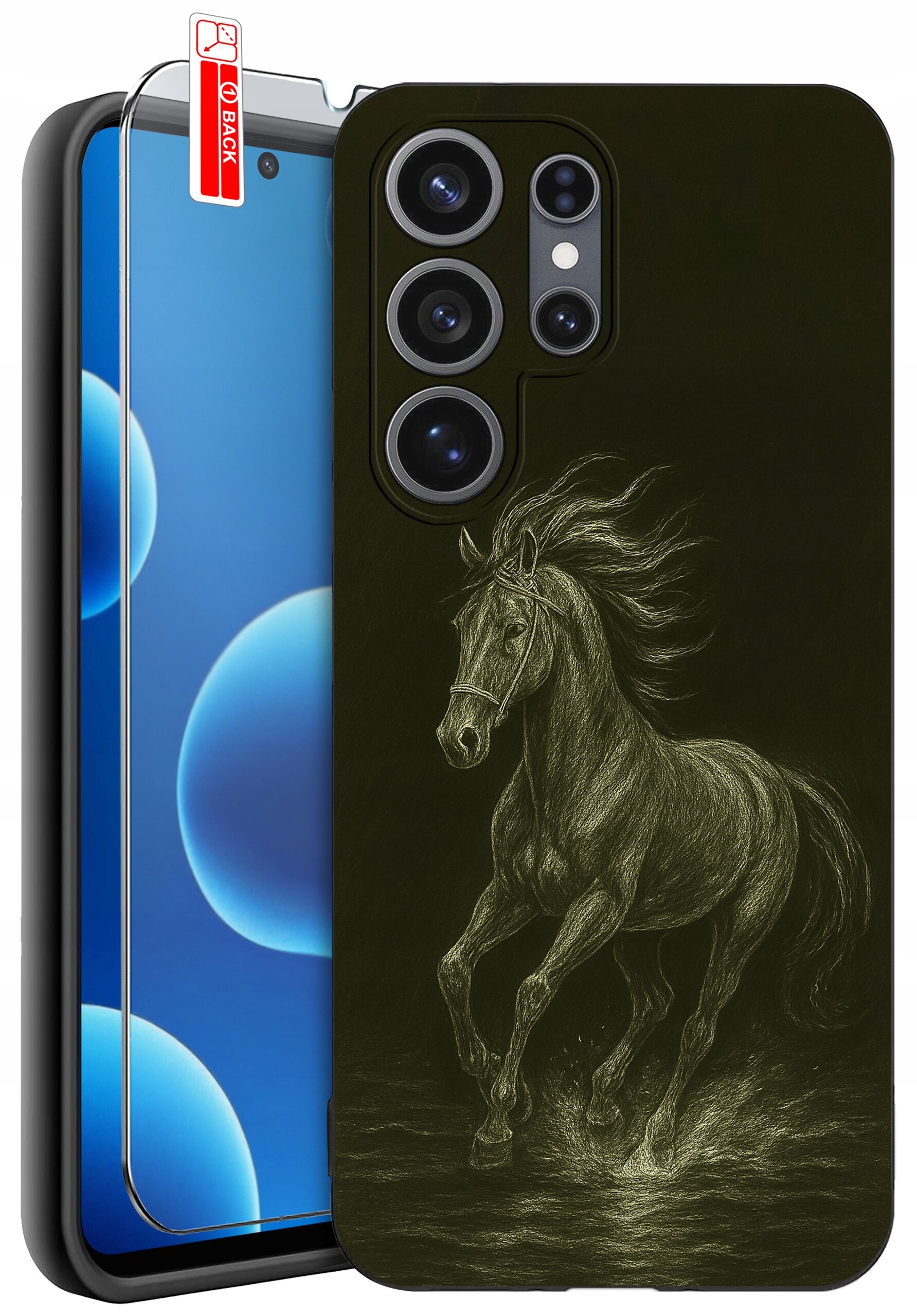 Obraz przedstawia etui na telefon z rysunkiem galopującego konia na ciemnym tle. Obok etui znajduje się szkło ochronne z napisem \'BACK\'.
