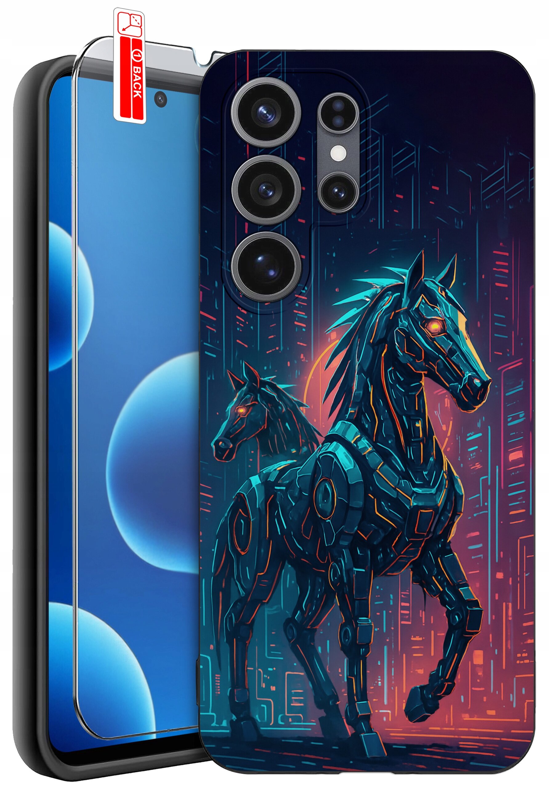 Etui na telefon z grafiką przedstawiającą dwa futurystyczne konie na tle miasta. Na ekranie telefonu widoczna jest folia ochronna z napisem \'BACK\'.