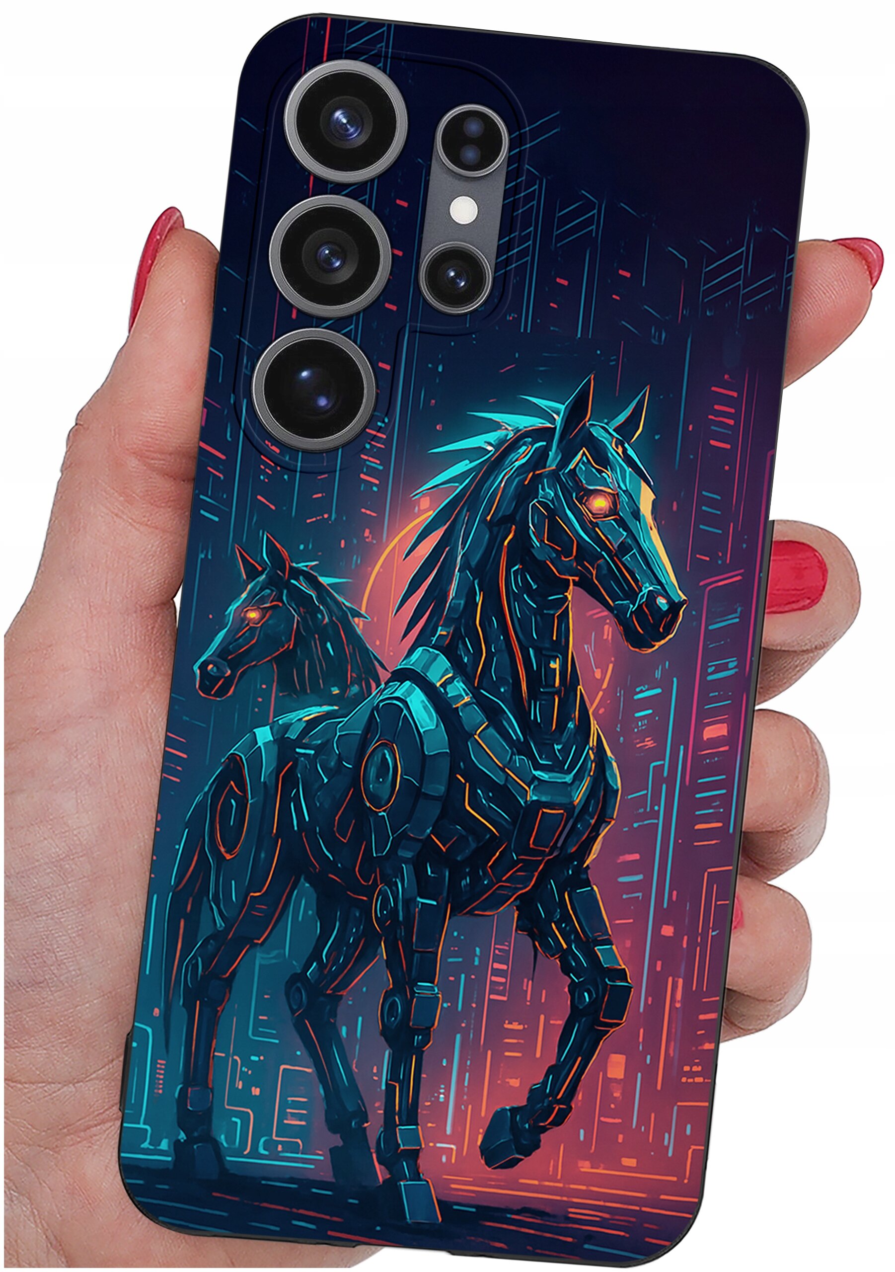 Etui na telefon z grafiką przedstawiającą dwa futurystyczne konie w stylu cyberpunkowym, trzymane w dłoni. Tło etui jest ciemne z neonowymi akcentami w kolorach niebieskim i pomarańczowym.