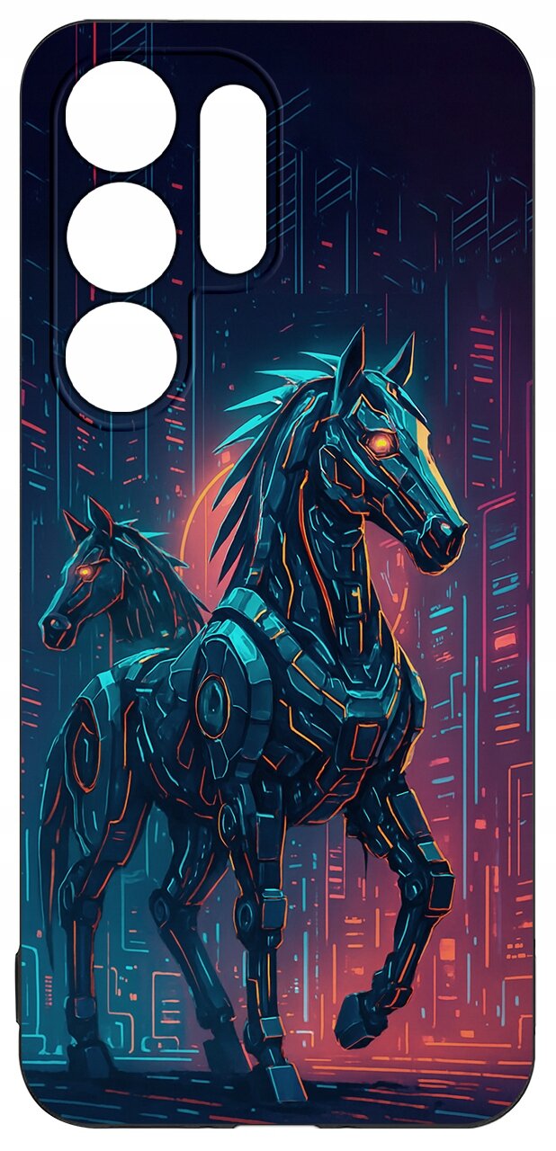 Etui na telefon z grafiką przedstawiającą dwa futurystyczne konie w stylu cyberpunkowym, na tle abstrakcyjnych wzorów w odcieniach niebieskiego i pomarańczowego. Etui posiada wycięcia na aparat i inne elementy telefonu.