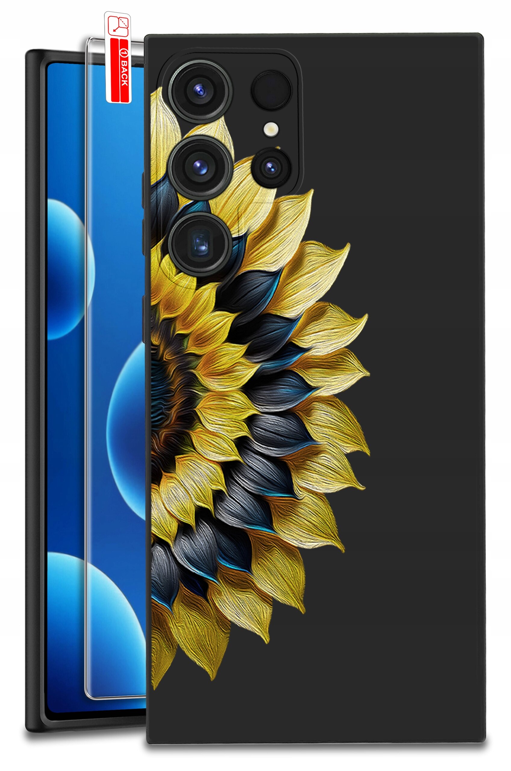 Obraz przedstawia etui na telefon z wzorem słonecznika na czarnym tle. Widać również szkło ochronne z napisem \'BACK\'.