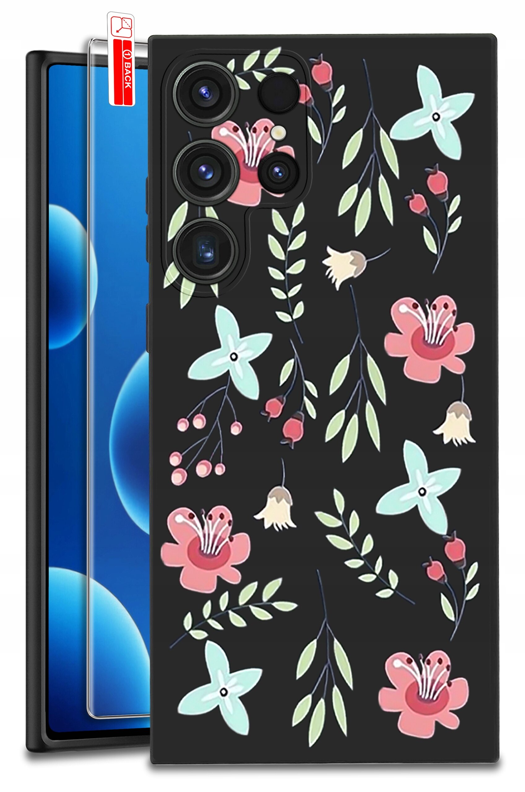 Etui na telefon z czarnym tłem ozdobione kolorowymi kwiatami i liśćmi. Obok etui widoczne jest szkło ochronne z napisem \'BLACK\'.
