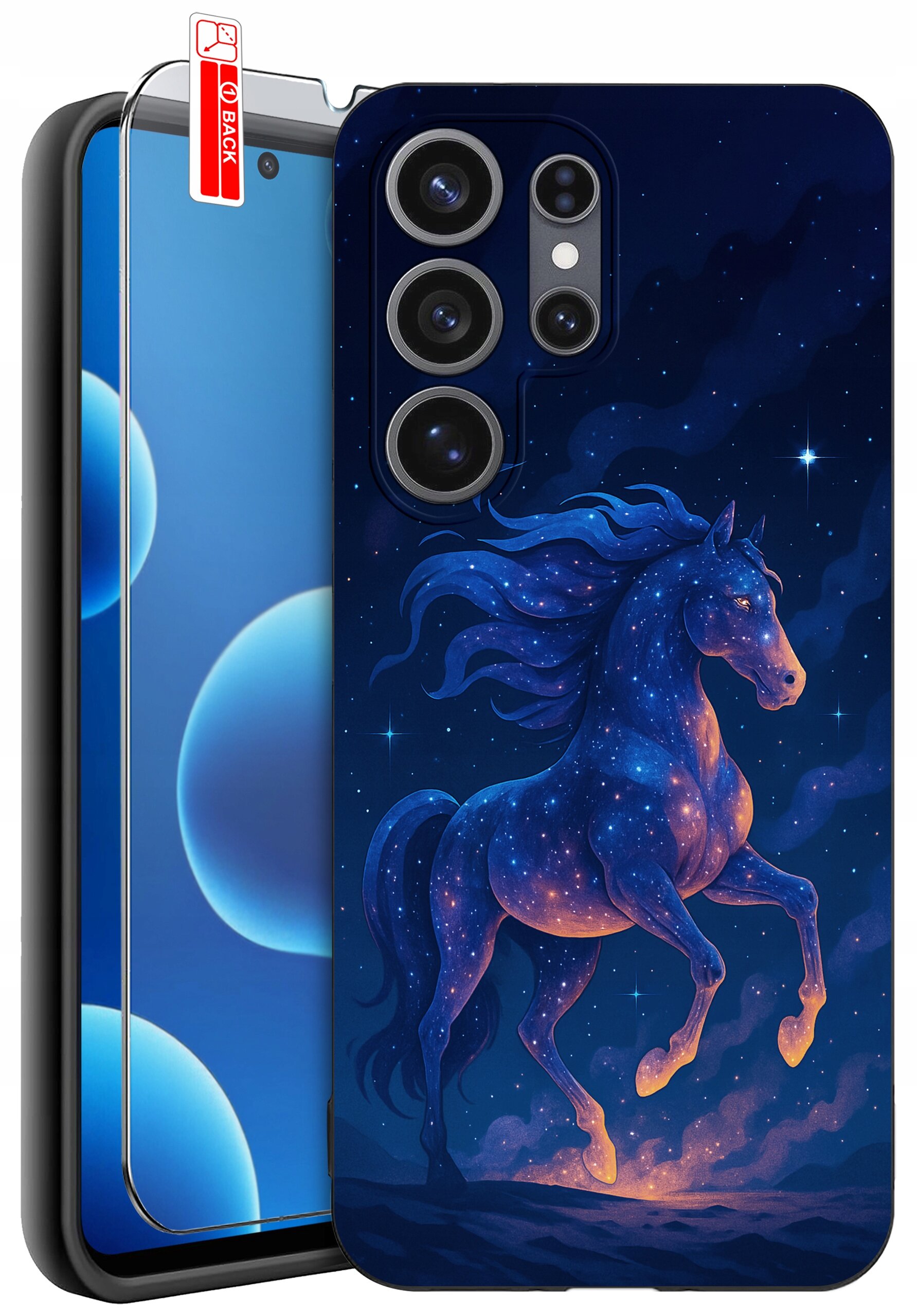 Etui na telefon z motywem galopującego konia na tle gwiaździstego nieba. Obok widoczna jest szybka ochronna z napisem \'BACK\'.