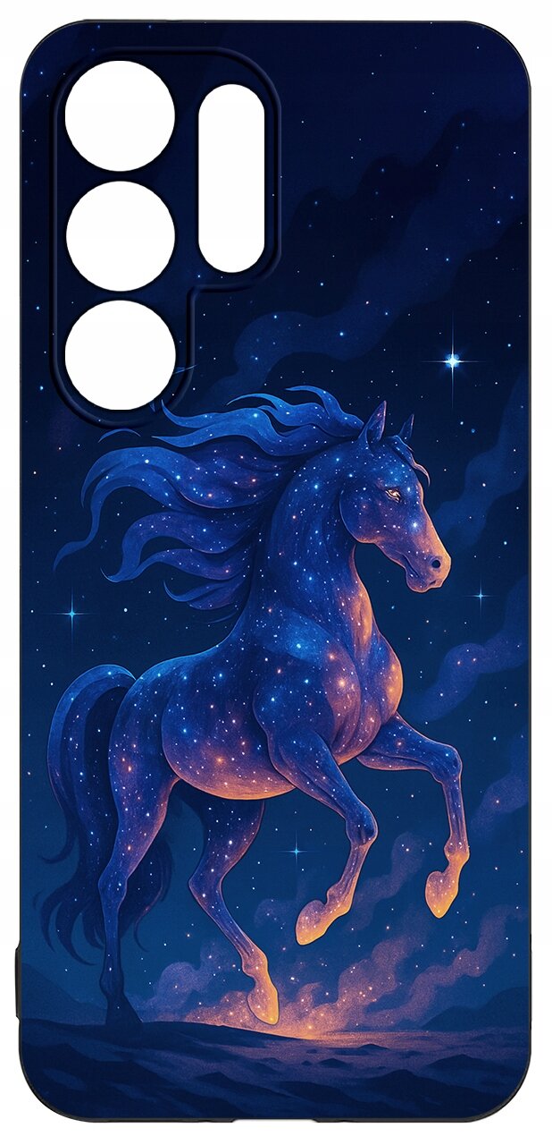 Etui na telefon z grafiką przedstawiającą konia w galopie na tle nocnego nieba pełnego gwiazd. W lewym górnym rogu znajdują się wycięcia na aparat.