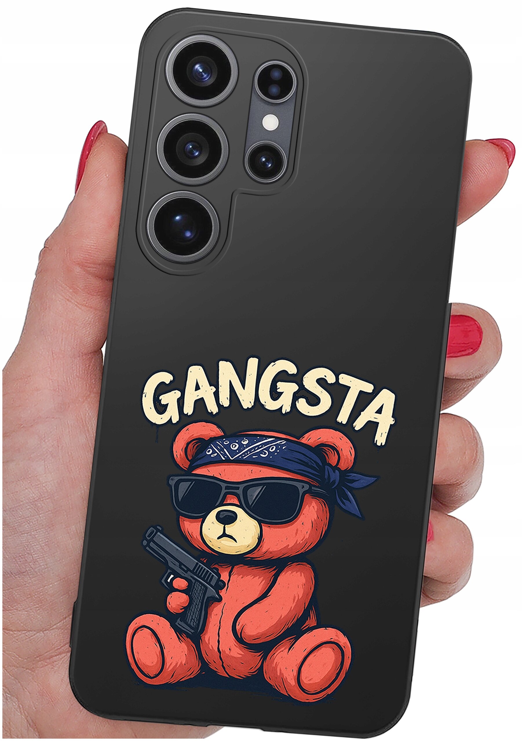 Czarna obudowa telefonu z nadrukiem misia w okularach przeciwsłonecznych, trzymającego pistolet, z napisem \'GANGSTA\'.