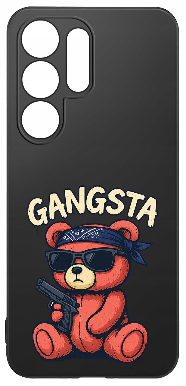 Czarne etui z nadrukiem misia w okularach przeciwsłonecznych, trzymającego pistolet, z napisem \'GANGSTA\'.