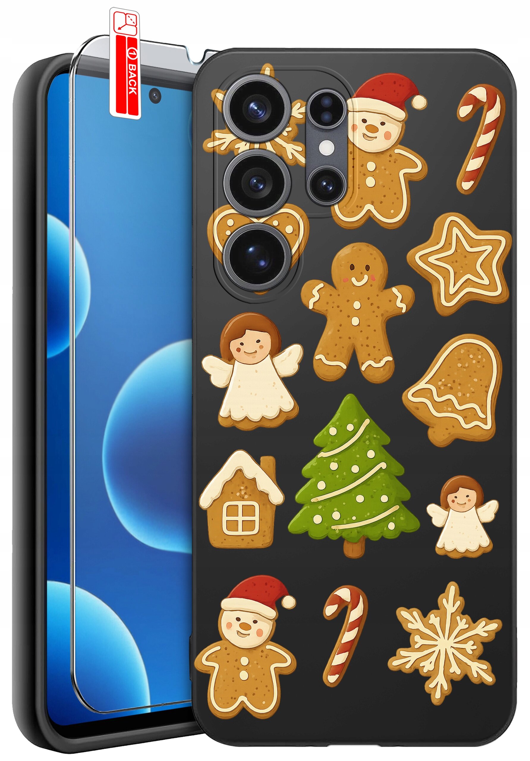 Etui na telefon z motywem świątecznych pierników, w tym choinki, aniołków i ludzików, na czarnym tle. Obok etui znajduje się szkło ochronne z napisem \'BACK\'.