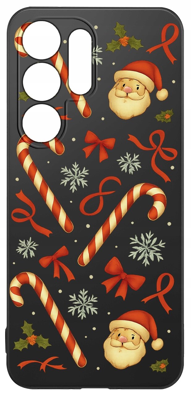 Etui na telefon z motywem świątecznym, ozdobione wizerunkami Mikołaja, cukrowymi laskami, śnieżynkami i czerwonymi kokardkami na czarnym tle.