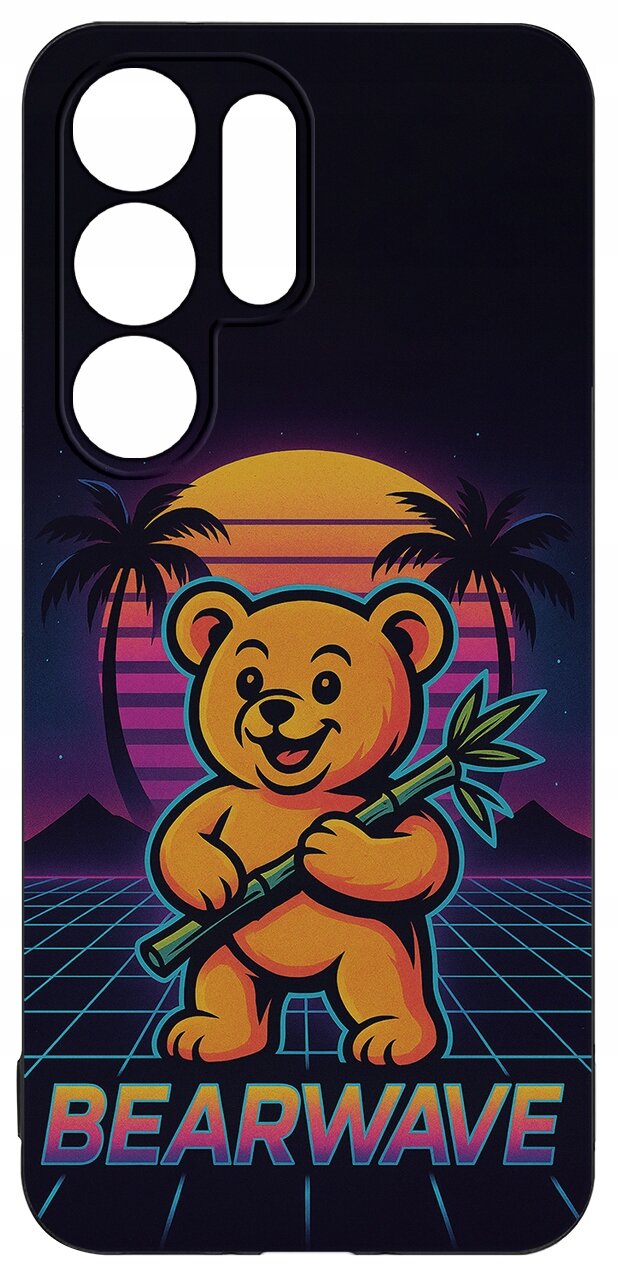 Etui z kolorowym nadrukiem przedstawiającym uśmiechniętego misia trzymającego bambus, na tle zachodzącego słońca i palm. Na dole widnieje napis \'BEARWAVE\'.
