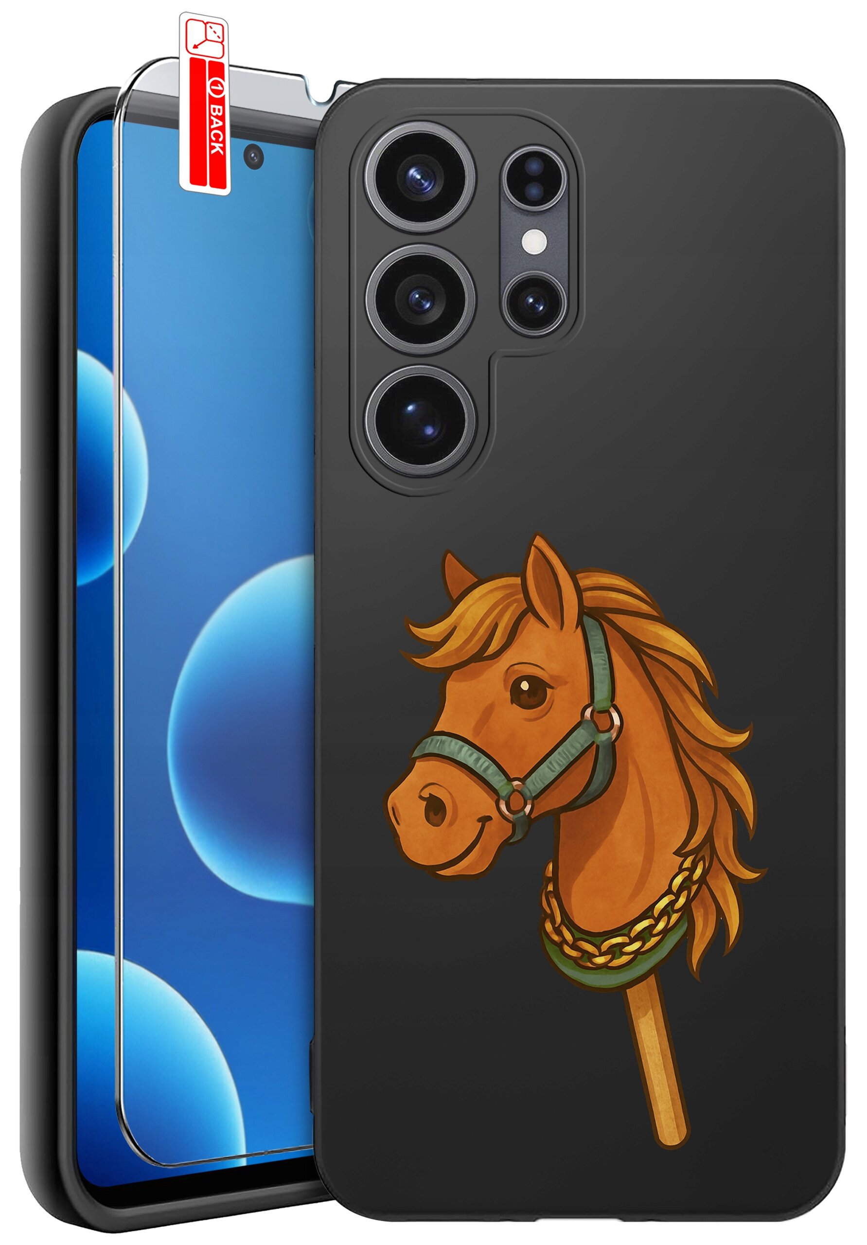 Czarne etui na telefon z nadrukiem głowy konia w uprzęży. Obok znajduje się szkło ochronne z napisem \'BACK\'.
