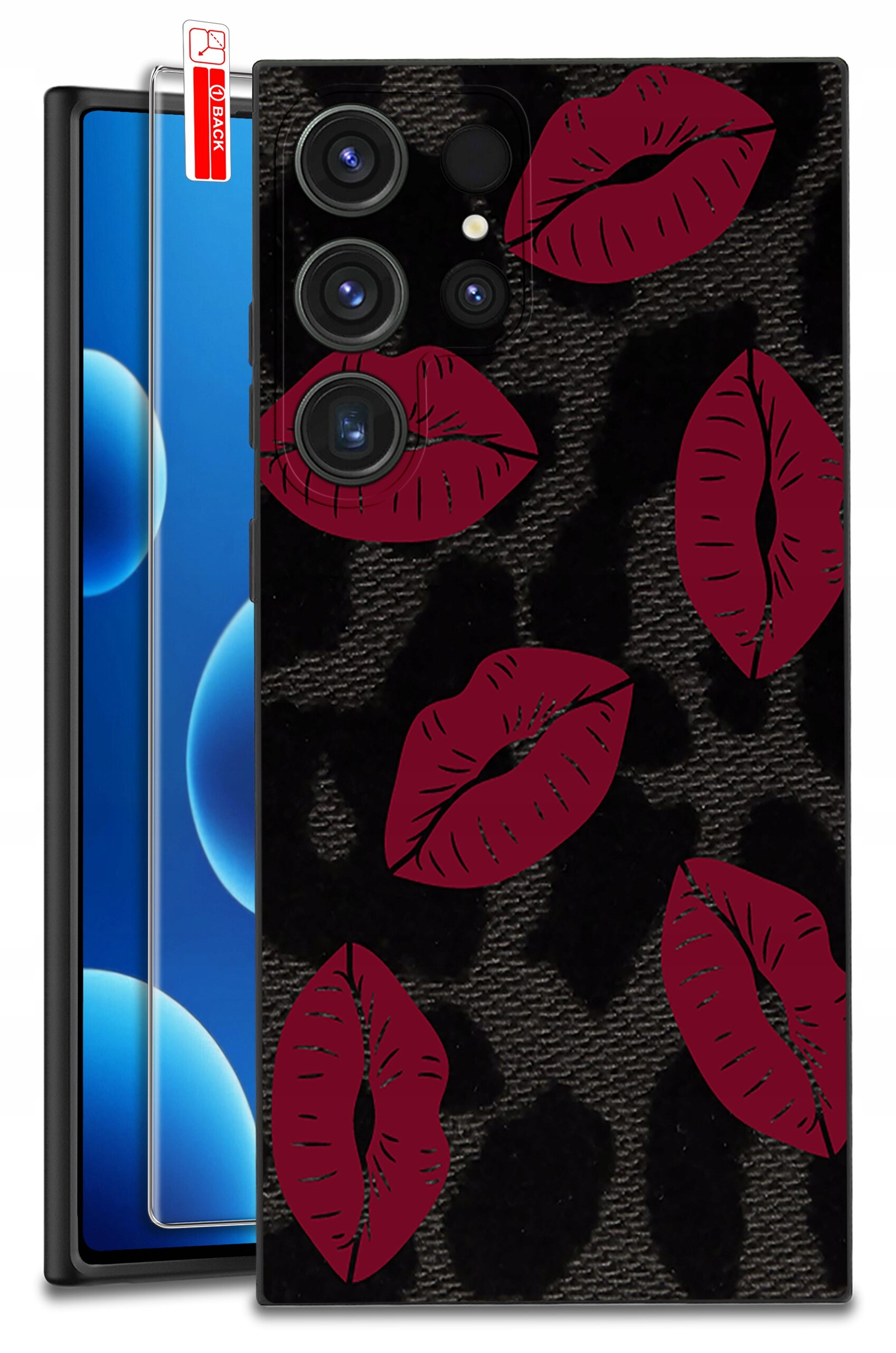 Etui na telefon z czarnym tłem i czerwonymi wzorami w kształcie ust. Obok znajduje się szkło ochronne z napisem \'BACK\'.