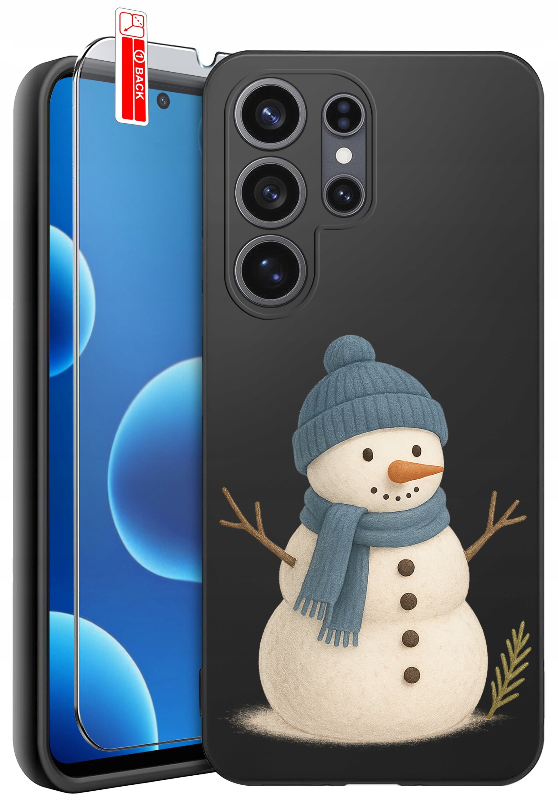 Etui na telefon z motywem bałwana w niebieskiej czapce i szaliku, z trzema guzikami i gałązkami jako rękami. Obok etui znajduje się szkło ochronne z napisem \'BACK\'.