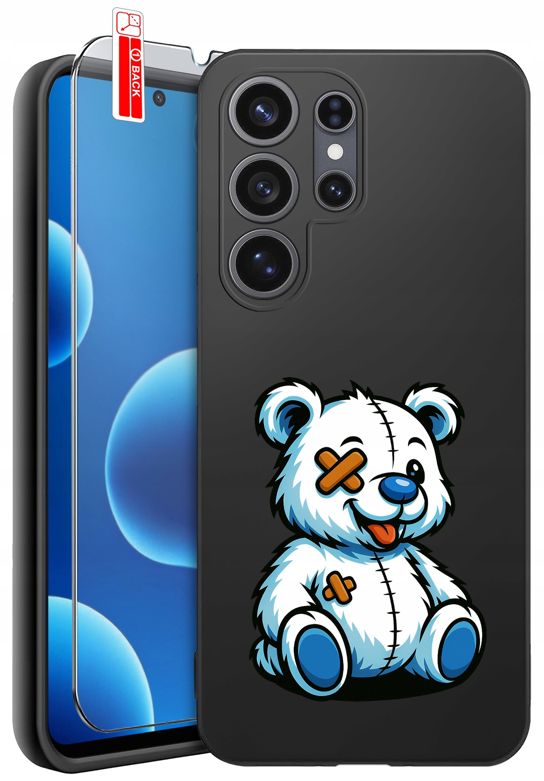 Czarne etui na telefon z nadrukiem białego misia z łatkami, obok przezroczyste szkło ochronne z napisem \'BACK\'.