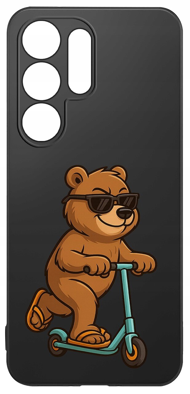 Czarne etui z nadrukiem misia w okularach przeciwsłonecznych, jadącego na turkusowej hulajnodze. Etui ma wycięcia na aparat i przyciski telefonu.