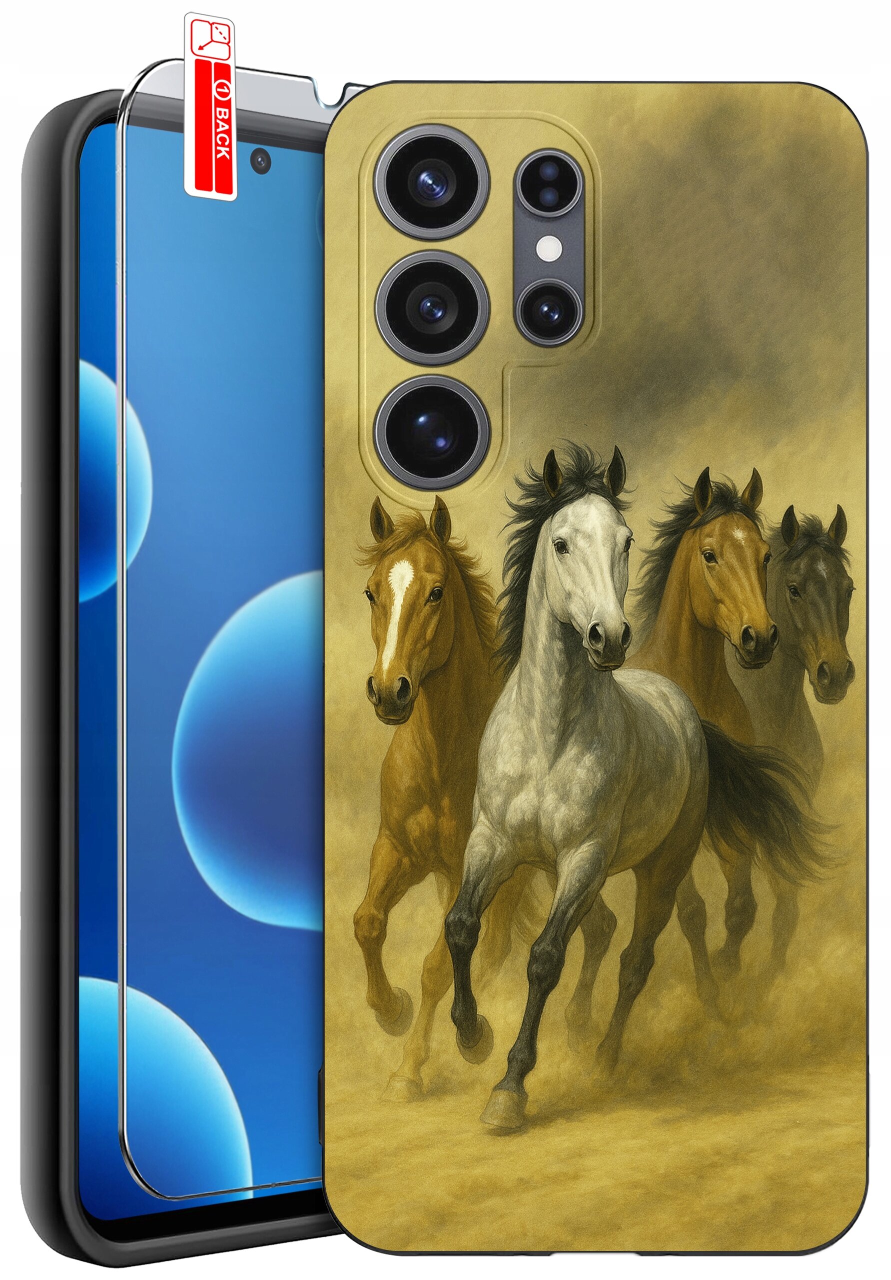 Etui na telefon z nadrukiem galopujących koni, obok widoczna jest szybka ochronna z napisem \'BACK\'.