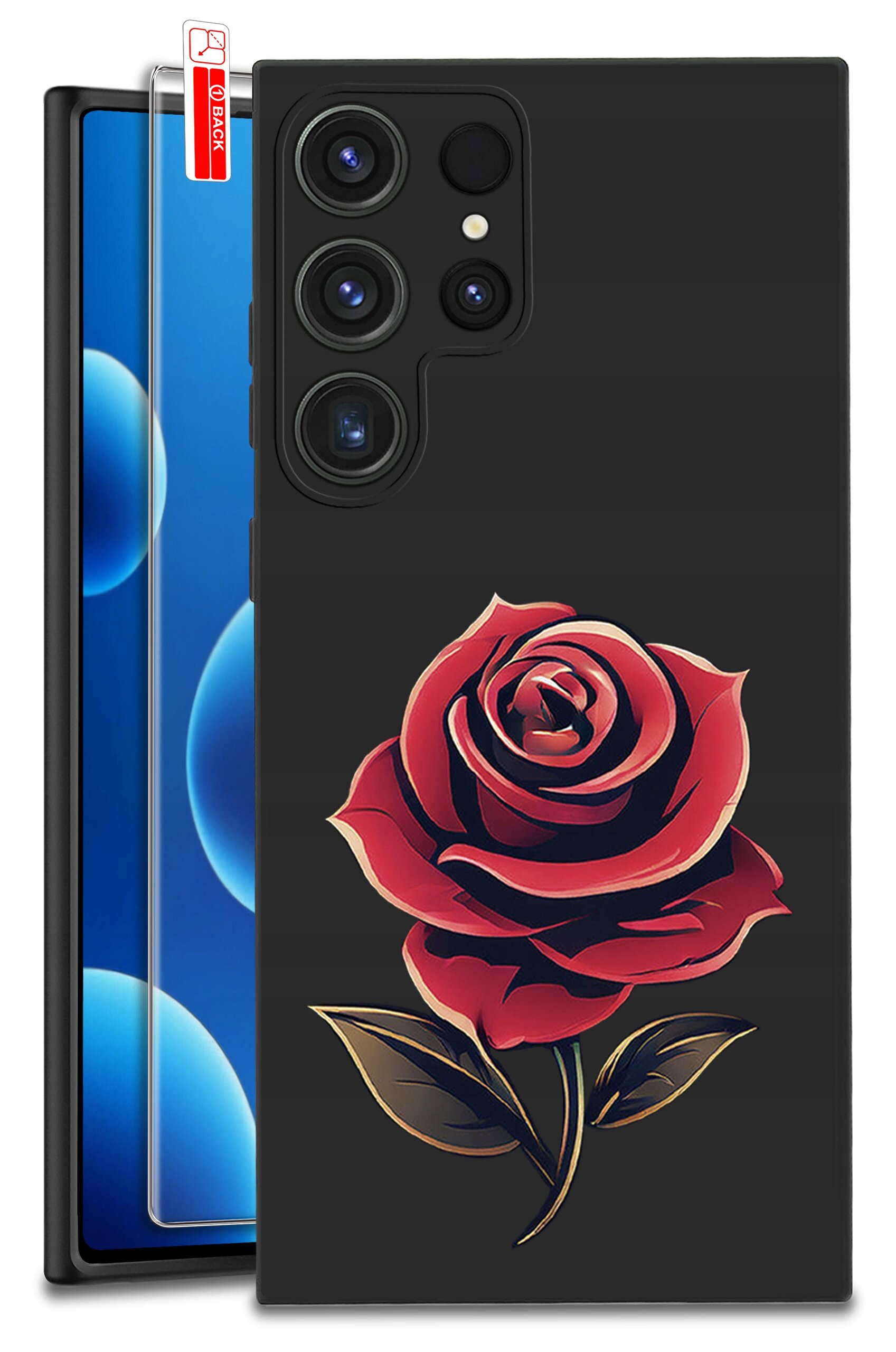 Czarne etui na telefon z nadrukiem czerwonej róży. Obok znajduje się szkło ochronne z etykietą \'BACK\'.
