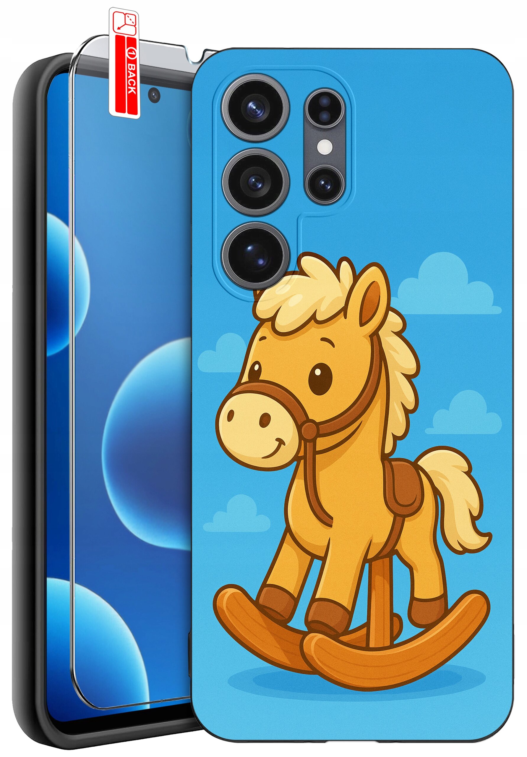 Etui na telefon z nadrukiem konika na biegunach na niebieskim tle z chmurkami. Obok znajduje się szkło ochronne z napisem \'BACK\'.
