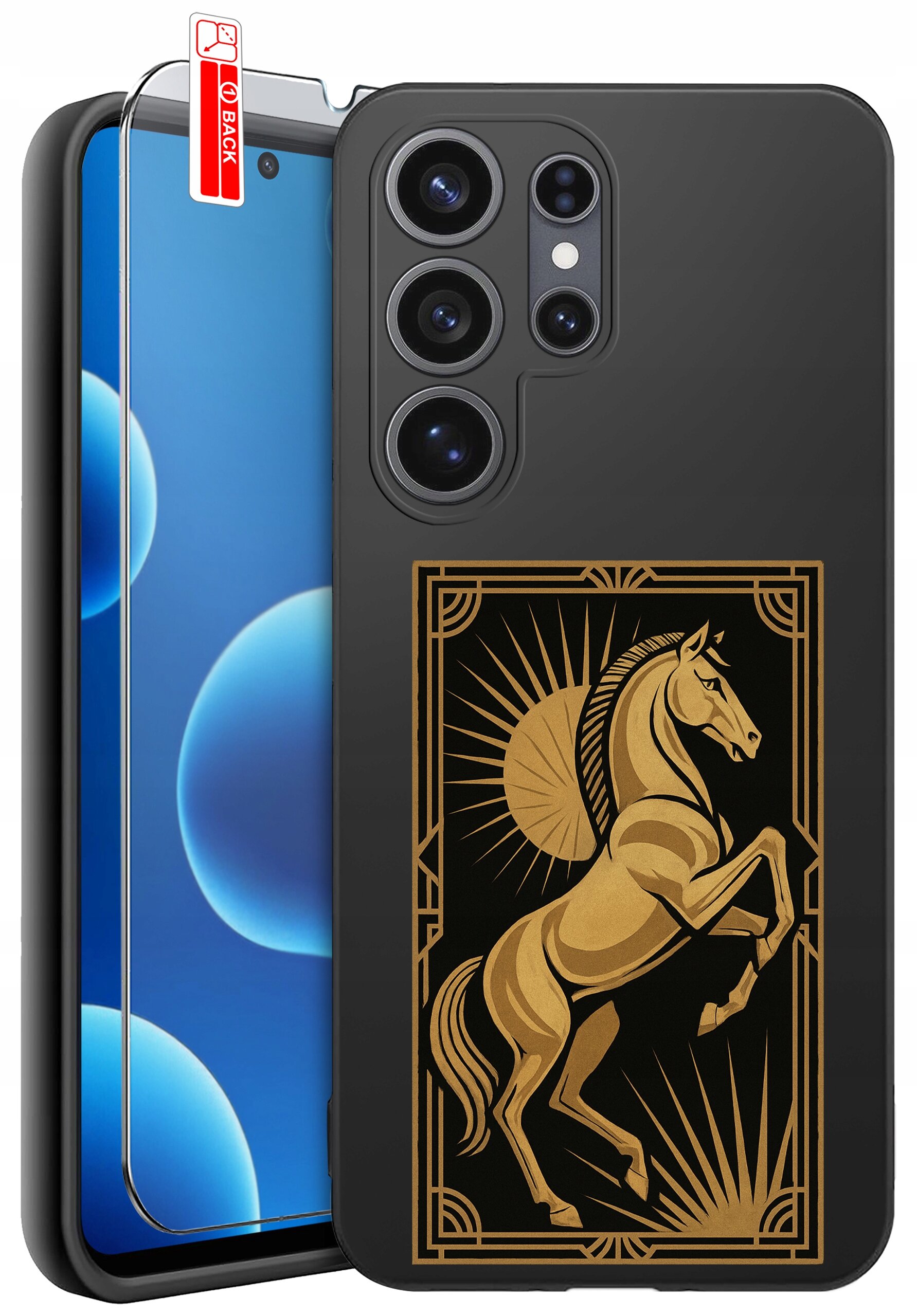 Czarne etui na telefon z wzorem złotego konia na tle promieni słonecznych. Obok znajduje się szkło ochronne z czerwoną naklejką \'BACK\'.