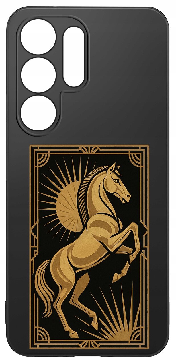 Czarne etui na telefon z grafiką złotego konia w ozdobnej ramce. Etui posiada wycięcia na cztery obiektywy aparatu.
