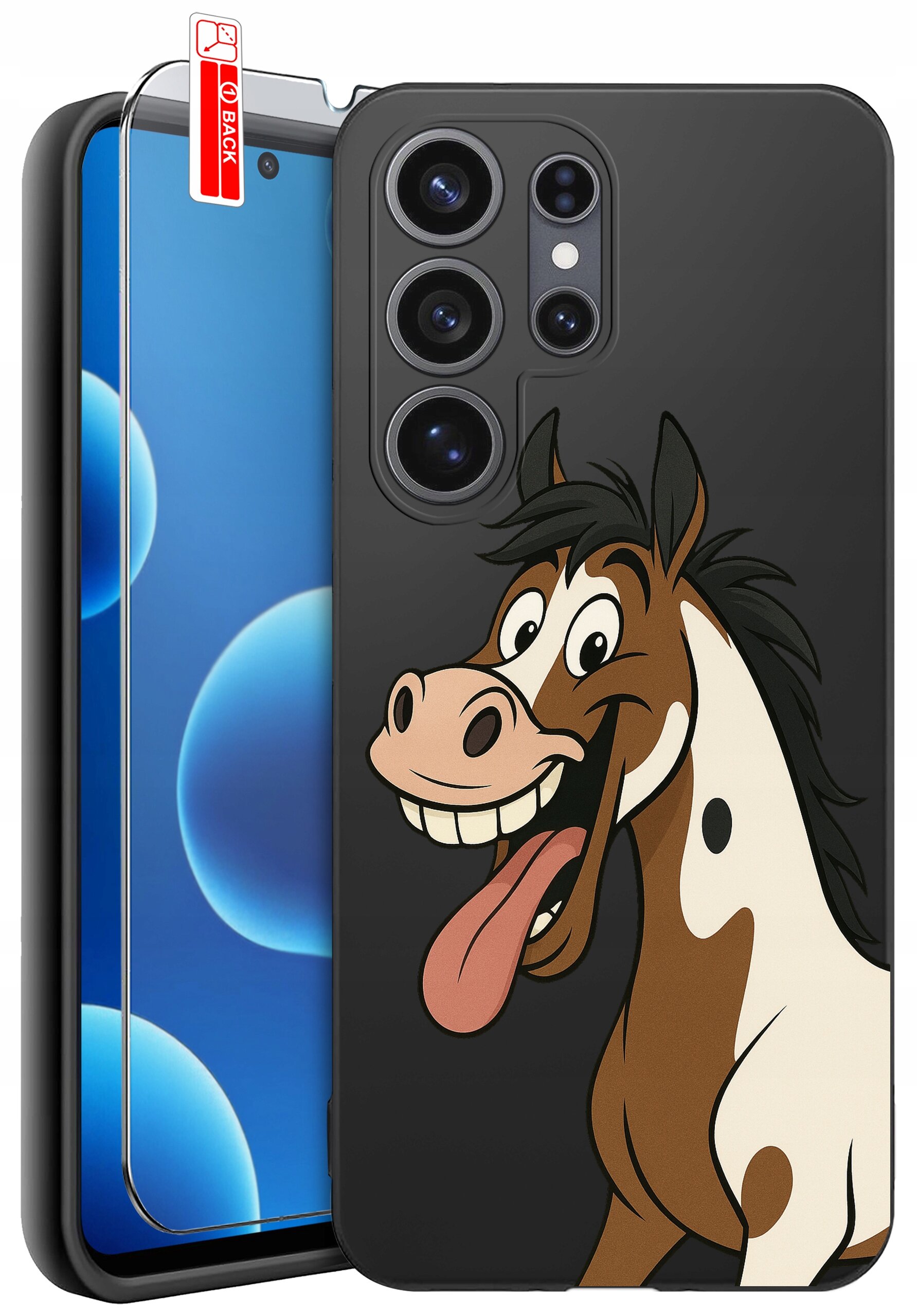 Etui na telefon z nadrukiem uśmiechniętego konia oraz szkło ochronne z oznaczeniem \'BACK\'.