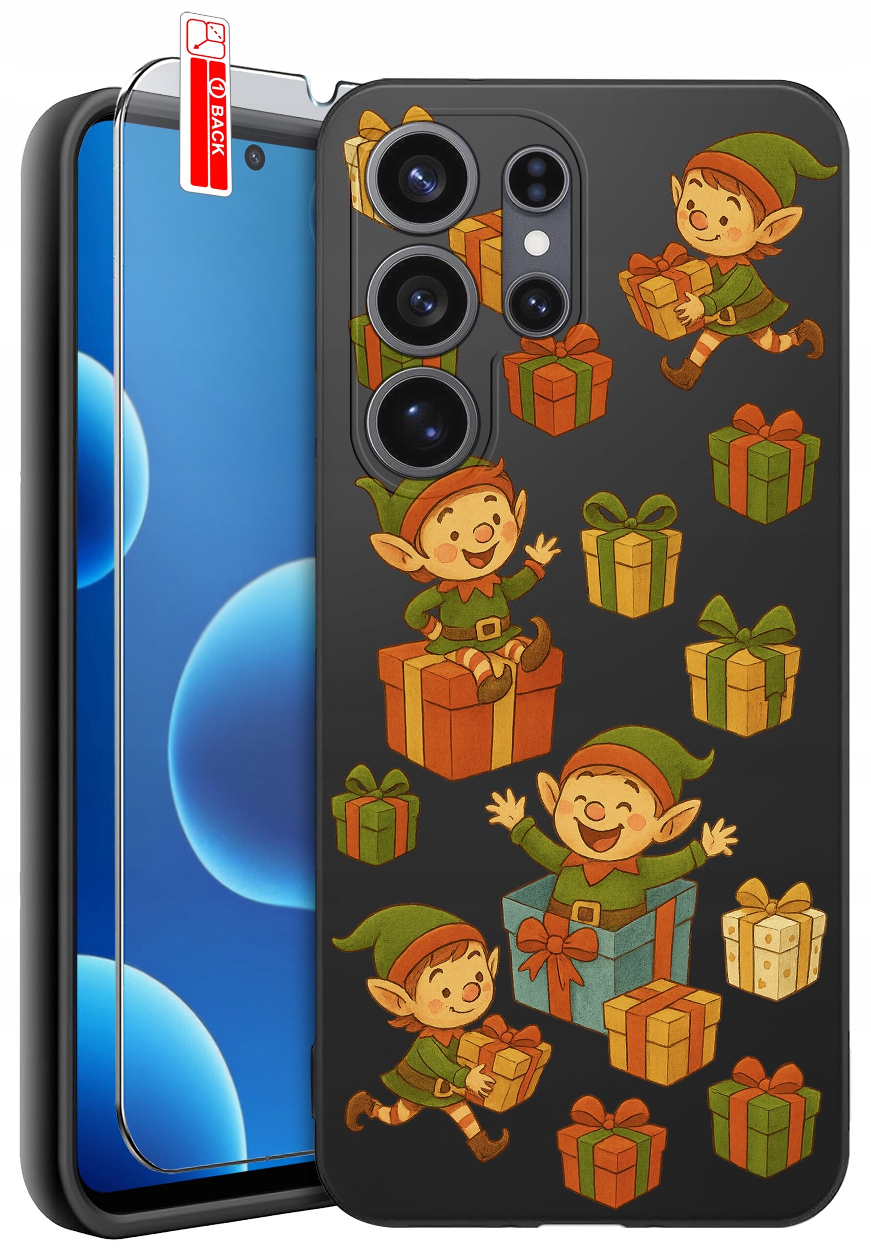 Etui na telefon z motywem elfów i prezentów na ciemnym tle. Na ekranie telefonu widoczne są niebieskie okręgi, a na szkle ochronnym napis \'BACK\'.