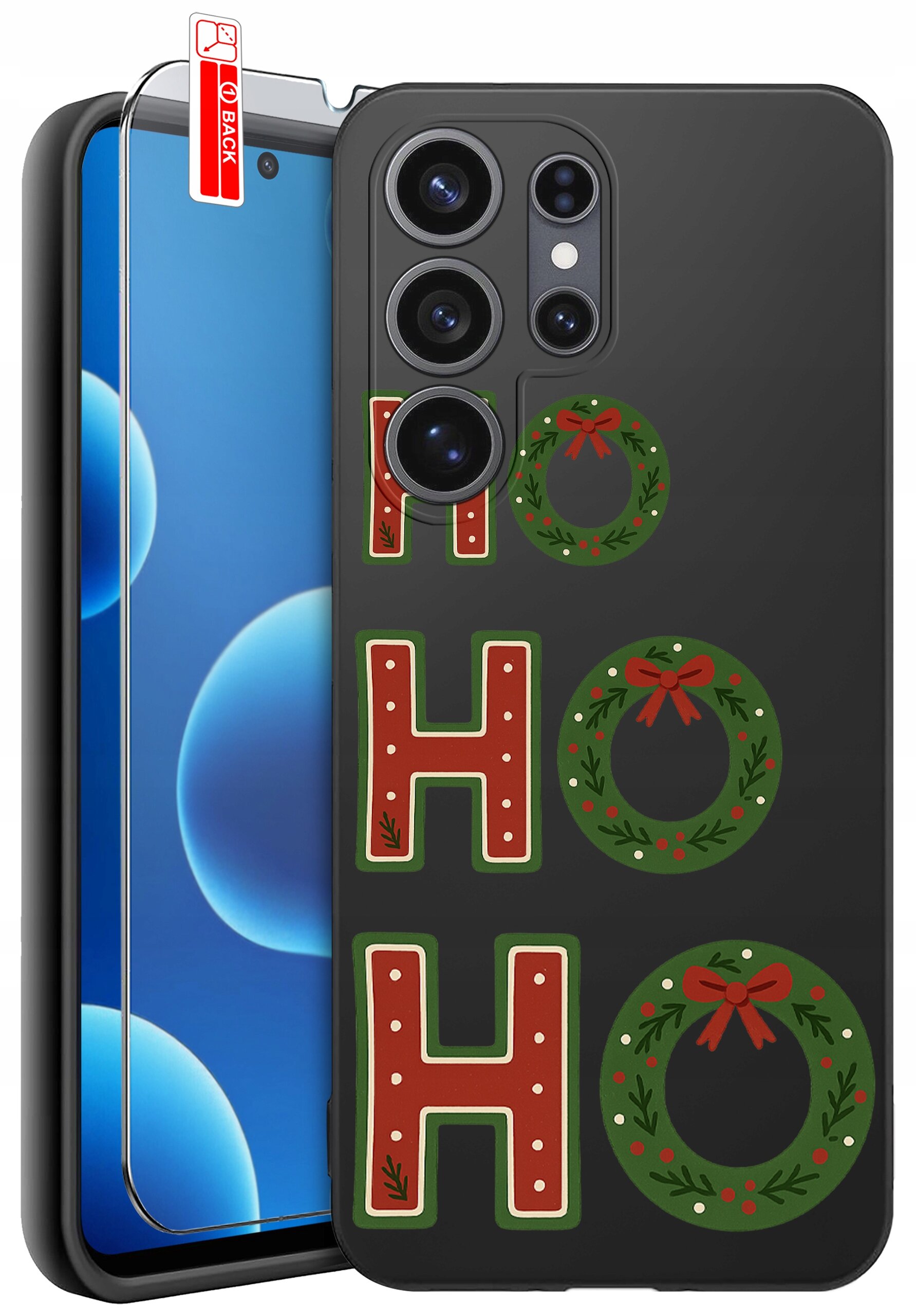 Na obrazie widoczne jest czarne etui na telefon z napisem \'HO HO HO\', gdzie litery \'O\' są stylizowane na świąteczne wieńce. Obok etui znajduje się szkło ochronne z oznaczeniem \'BACK\'.