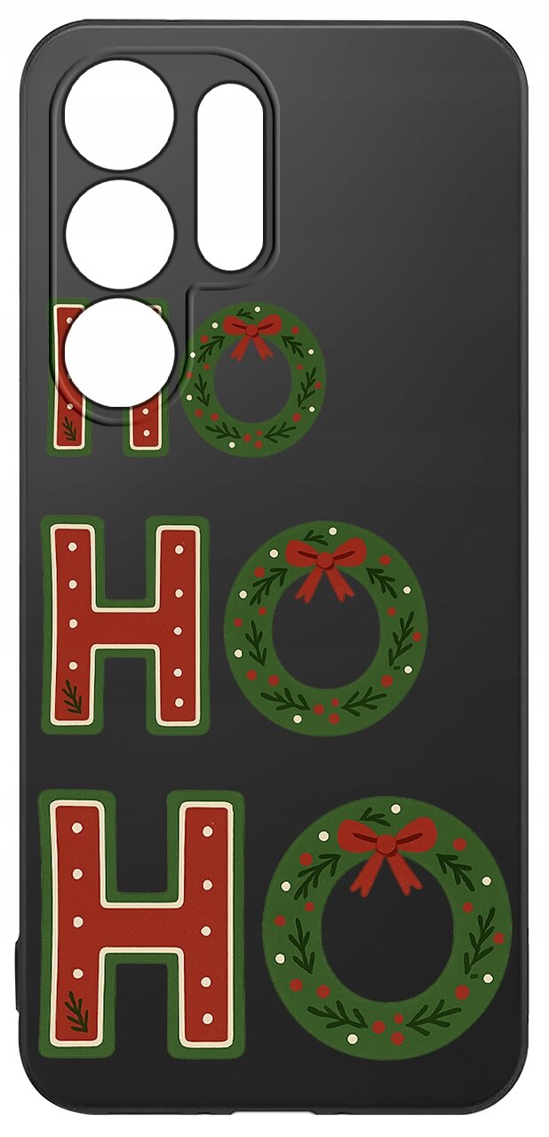 Czarne etui na telefon z napisem \'HO HO HO\', gdzie litery \'O\' są zastąpione zielonymi wieńcami z czerwonymi kokardkami.