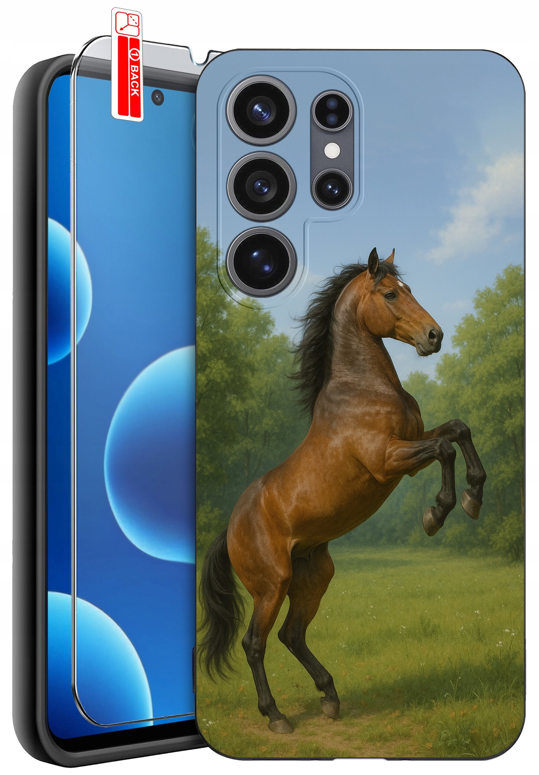 Etui na telefon z nadrukiem konia na tle zielonego krajobrazu, obok widoczna jest szybka ochronna z napisem \'BACK\'.