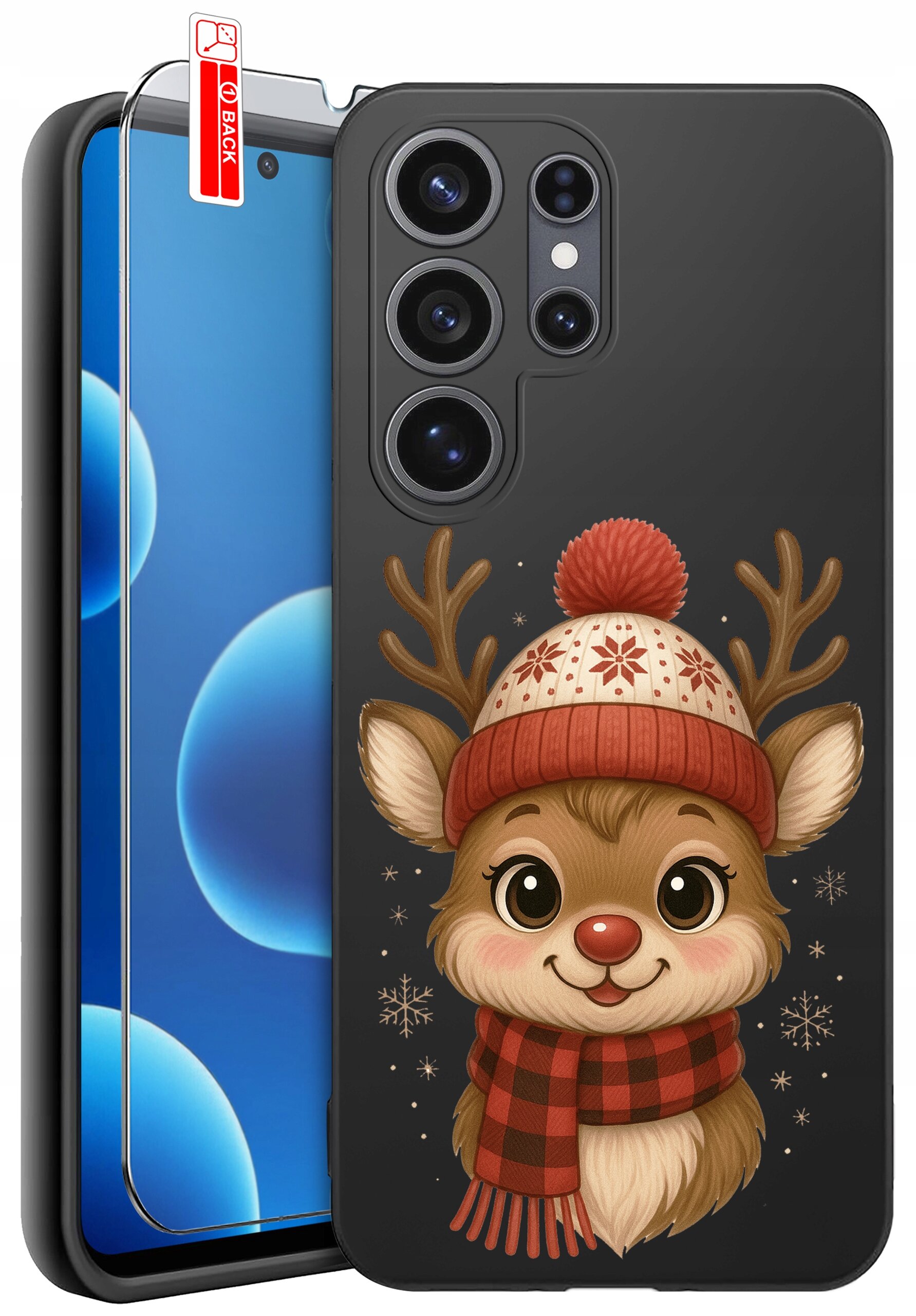 Etui na telefon z motywem renifera w czapce i szaliku, obok szkło ochronne z napisem \'BACK\'.