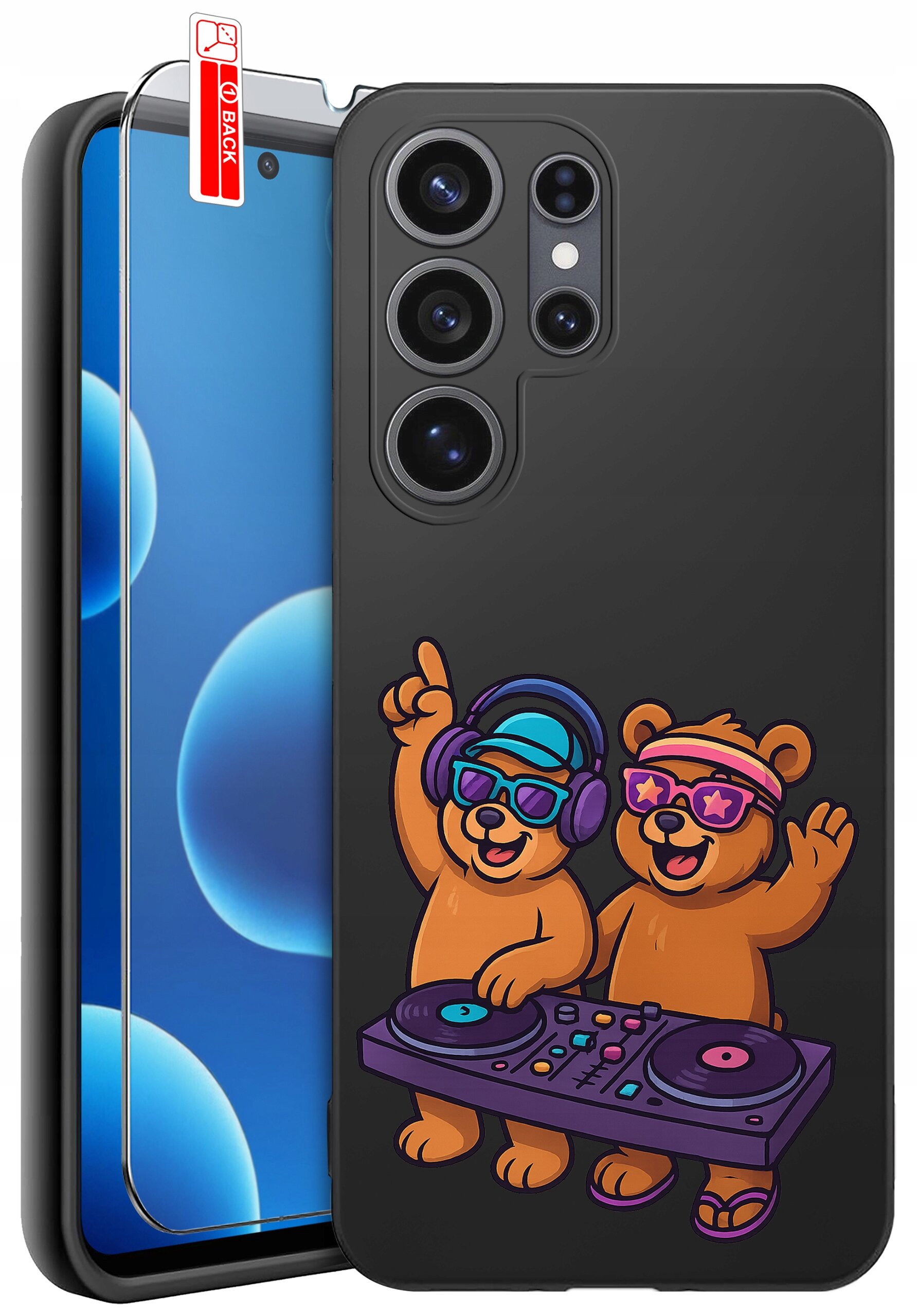 Czarne etui na telefon z grafiką dwóch niedźwiedzi w okularach i słuchawkach, stojących przy konsoli DJ. Obok etui znajduje się szkło ochronne z napisem \'BACK\'.