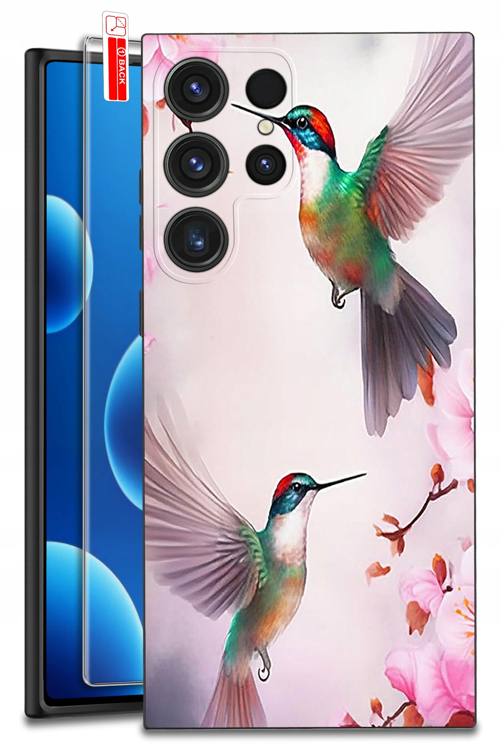 Etui na telefon z kolorowym wzorem przedstawiającym dwa kolibry wśród różowych kwiatów. Obok etui widoczne jest szkło ochronne z napisem \'BACK\'.